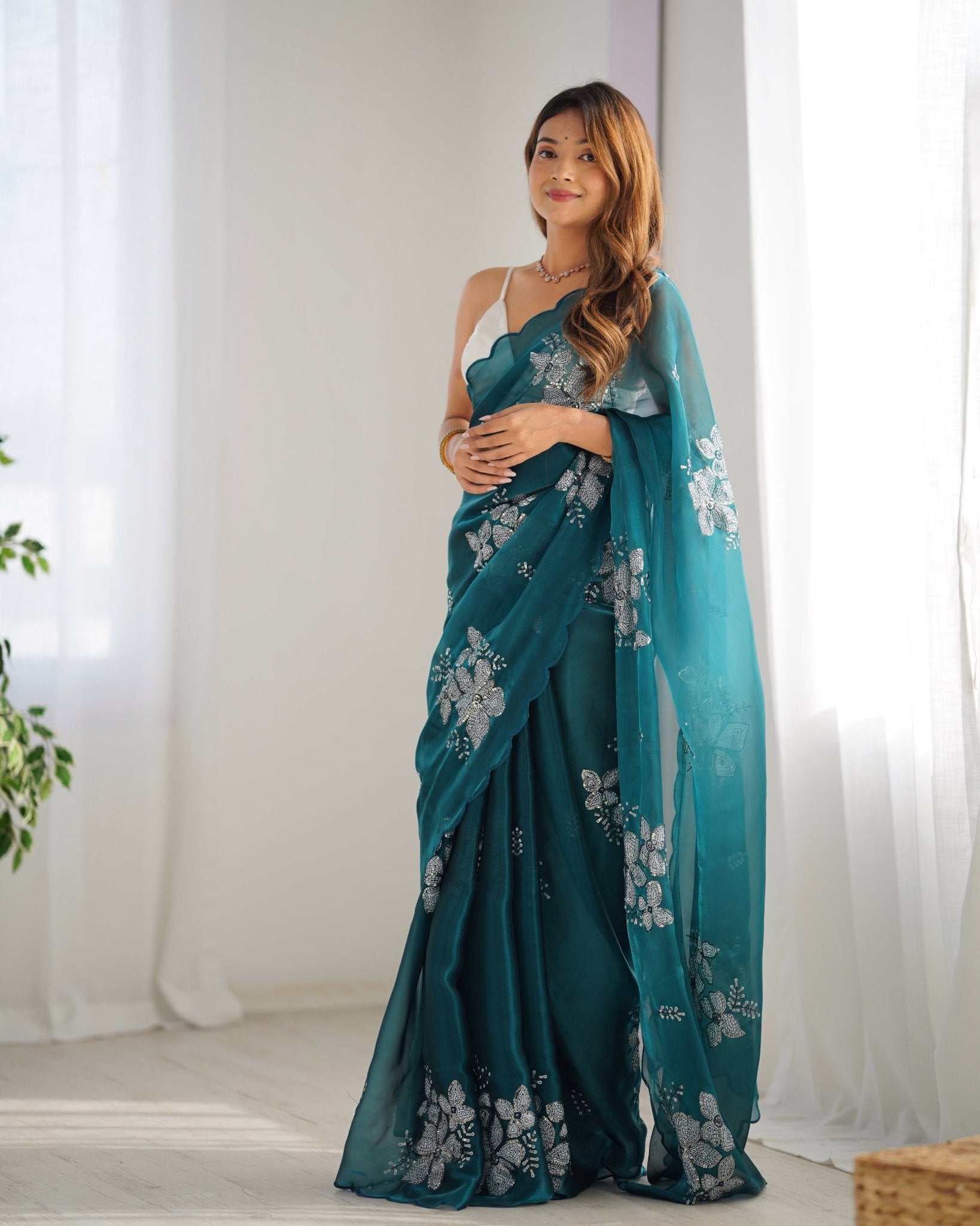 Teal Organza Embroidered Saree - Ressa