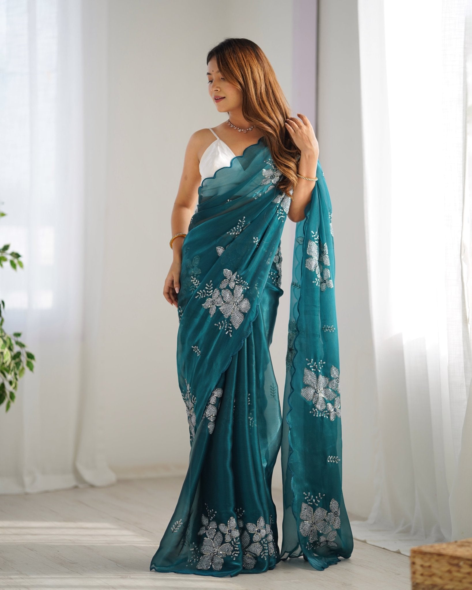 Teal Organza Embroidered Saree - Ressa