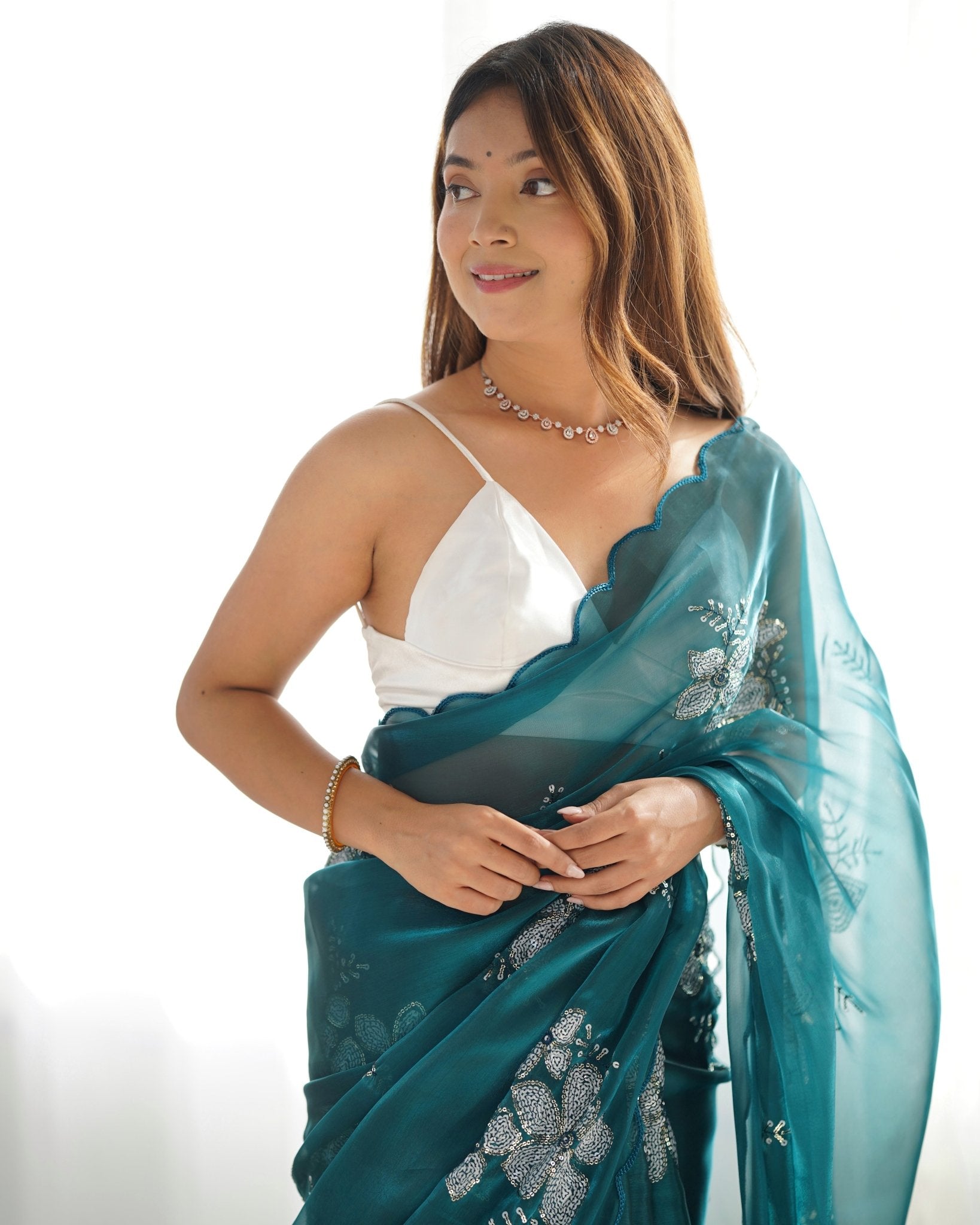 Teal Organza Embroidered Saree - Ressa