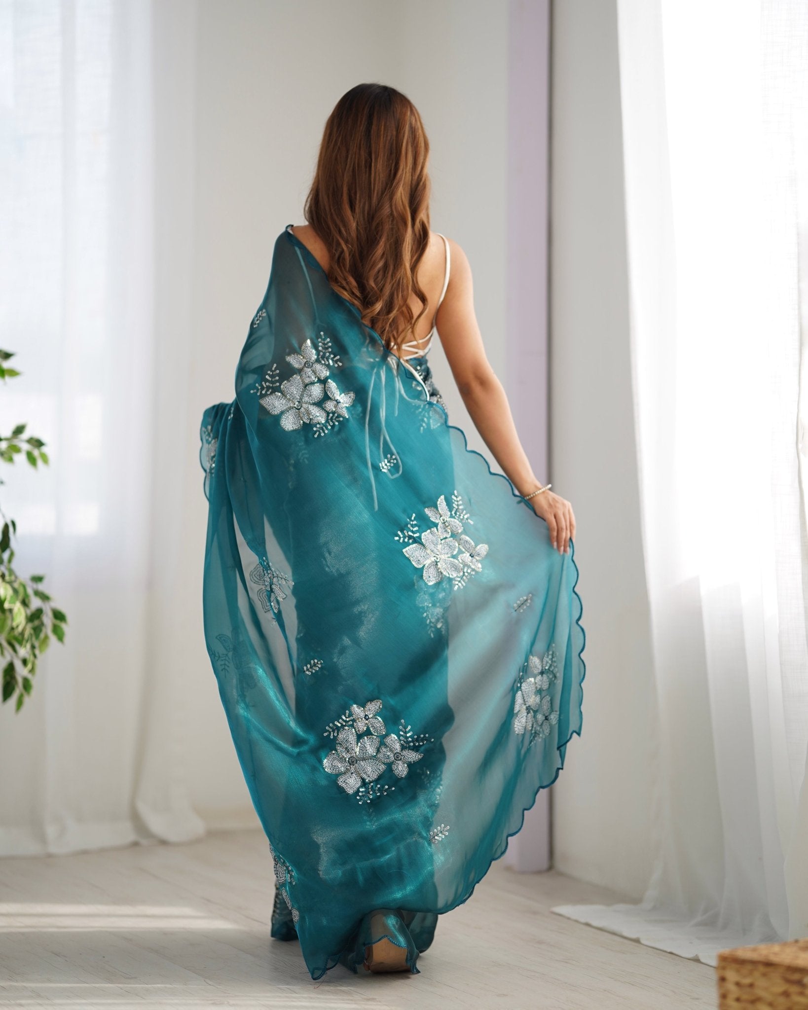 Teal Organza Embroidered Saree - Ressa