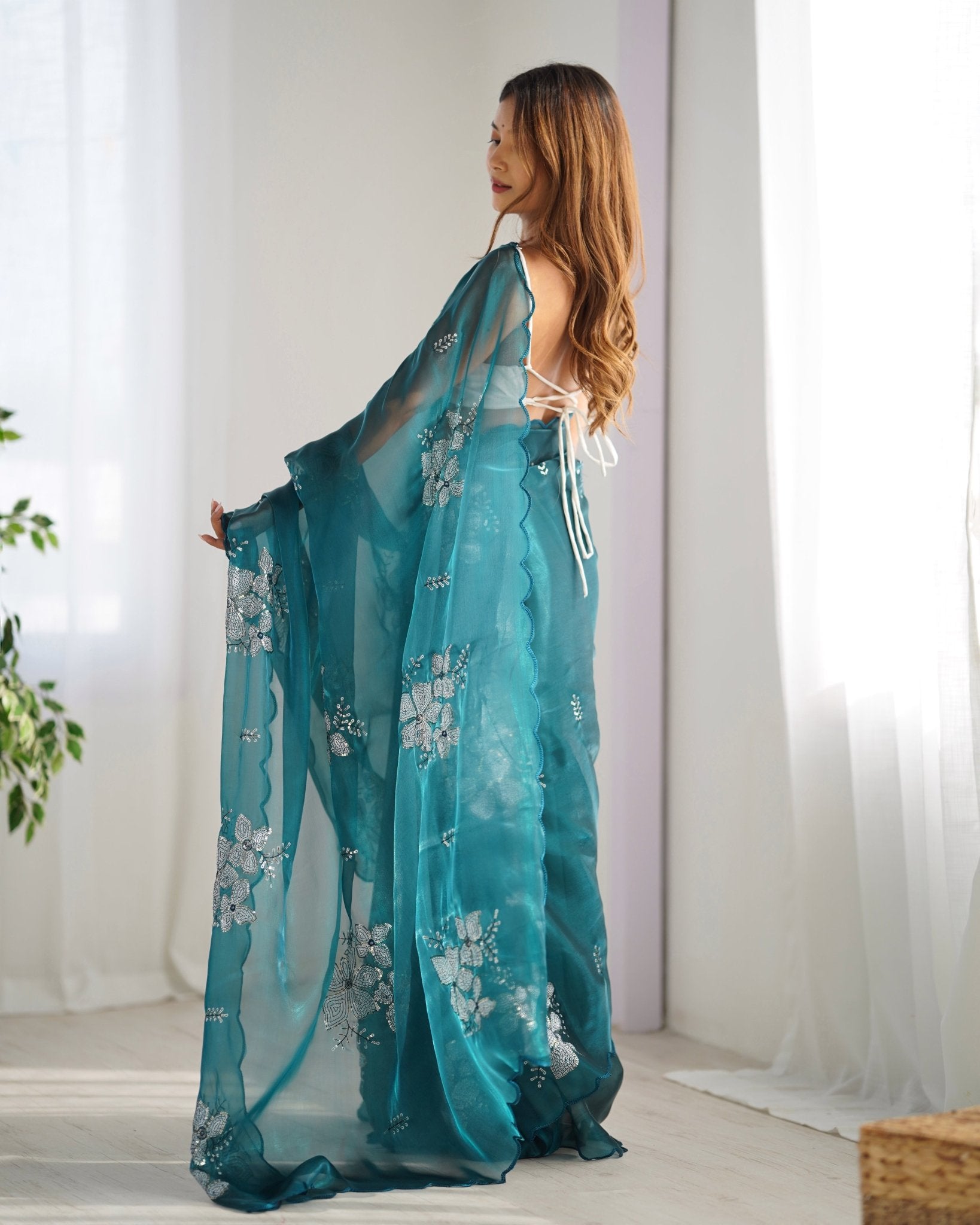 Teal Organza Embroidered Saree - Ressa