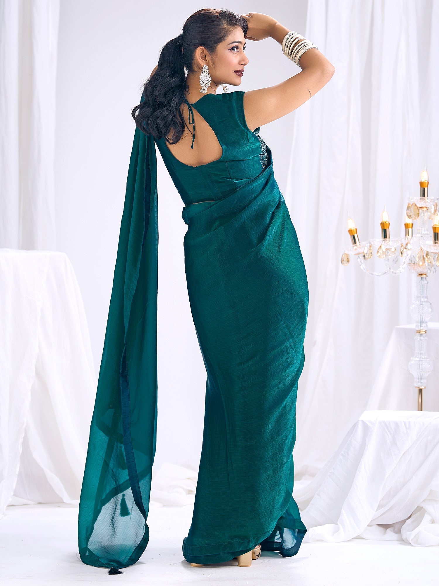 Teal Organza Saree with Embellished Blouse - Ressa