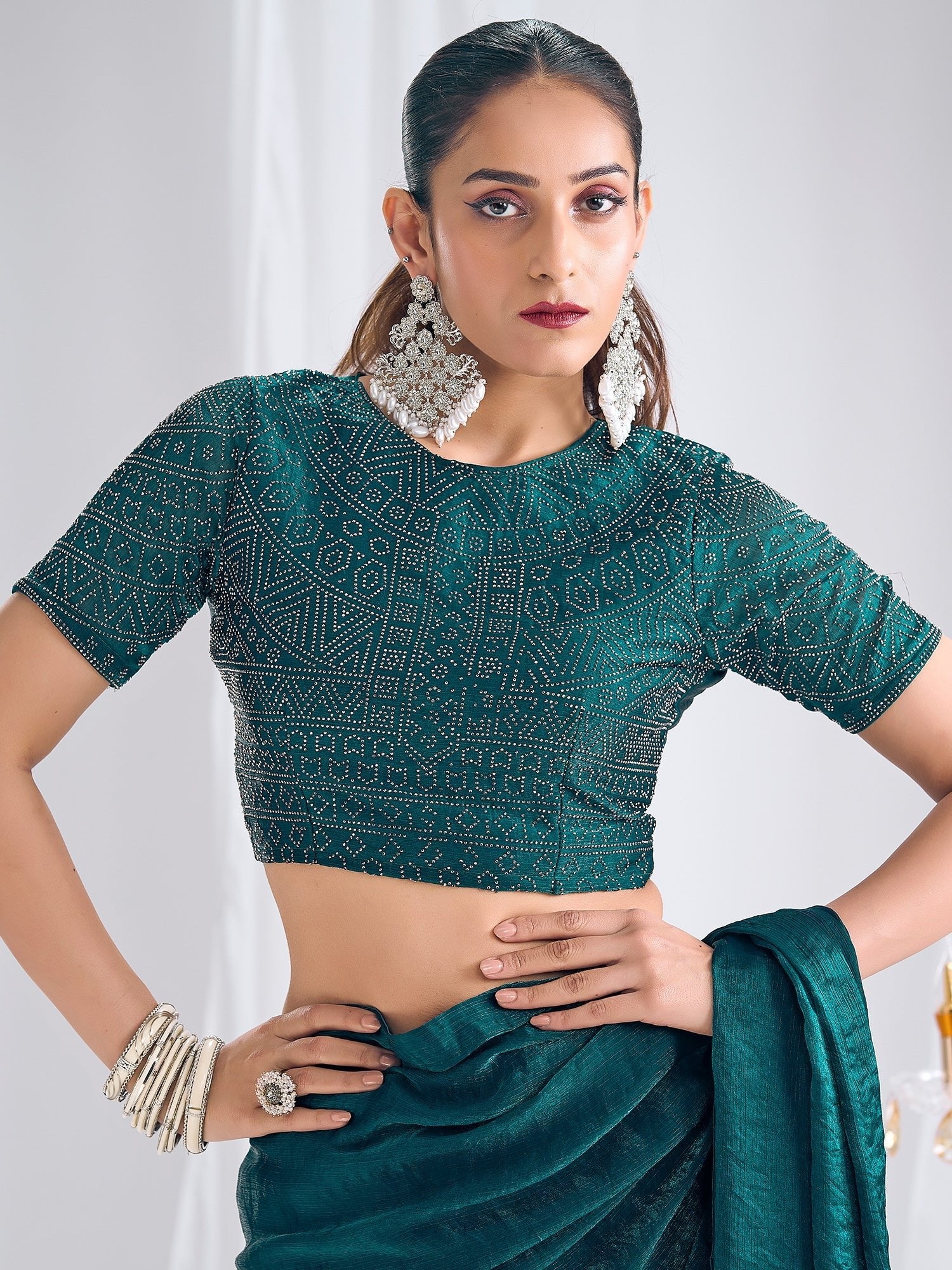 Teal Organza Saree with Embellished Blouse - Ressa
