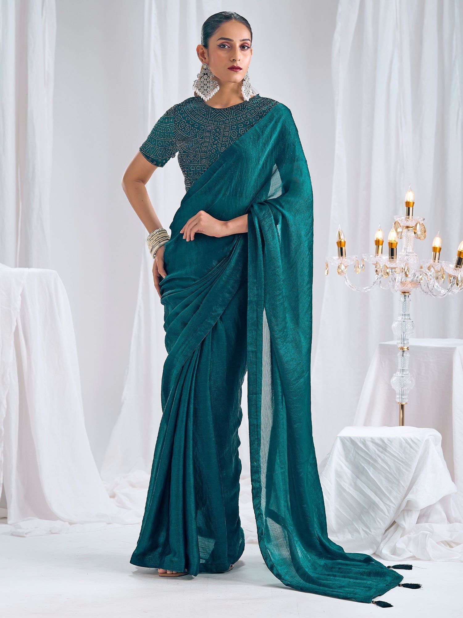 Teal Organza Saree with Embellished Blouse - Ressa