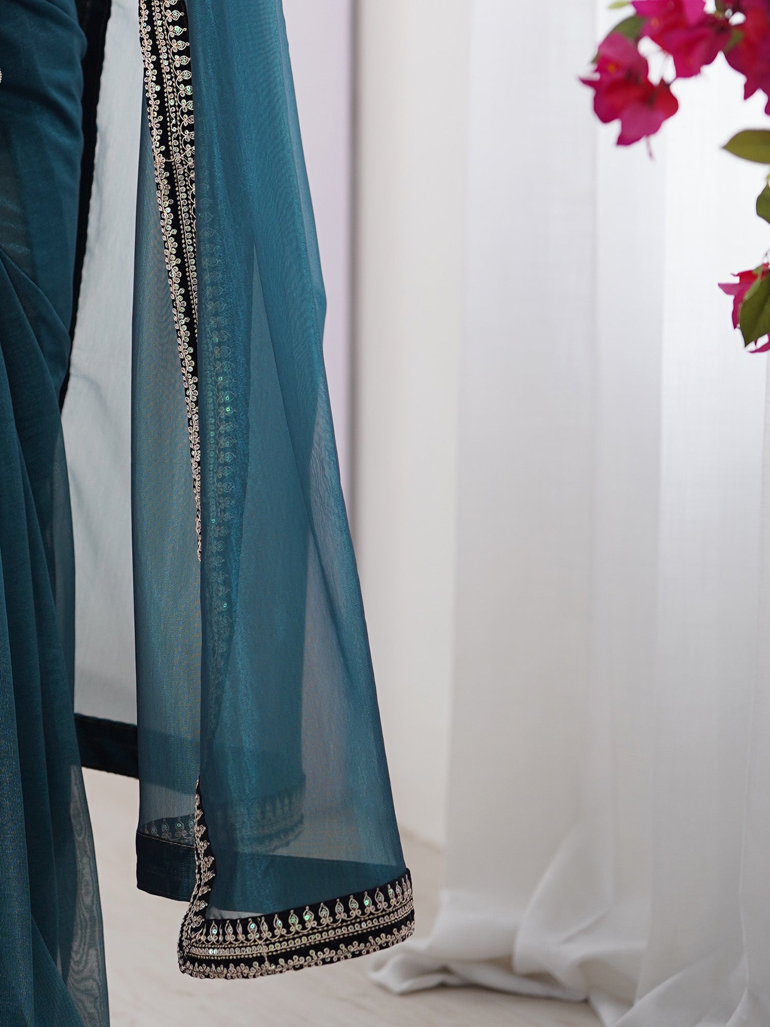 Teal Organza Saree with Embroidered Border & Blouse - Ressa