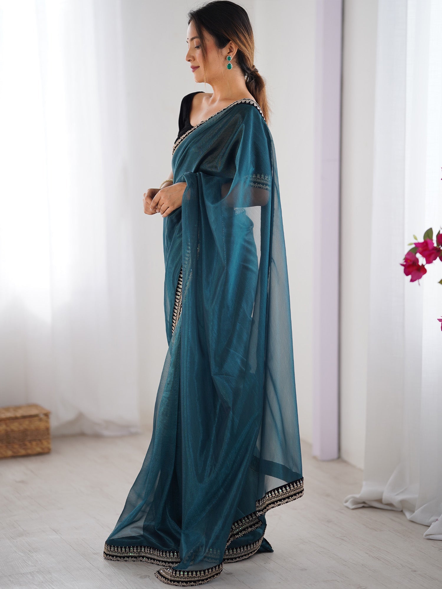 Teal Organza Saree with Embroidered Border & Blouse - Ressa