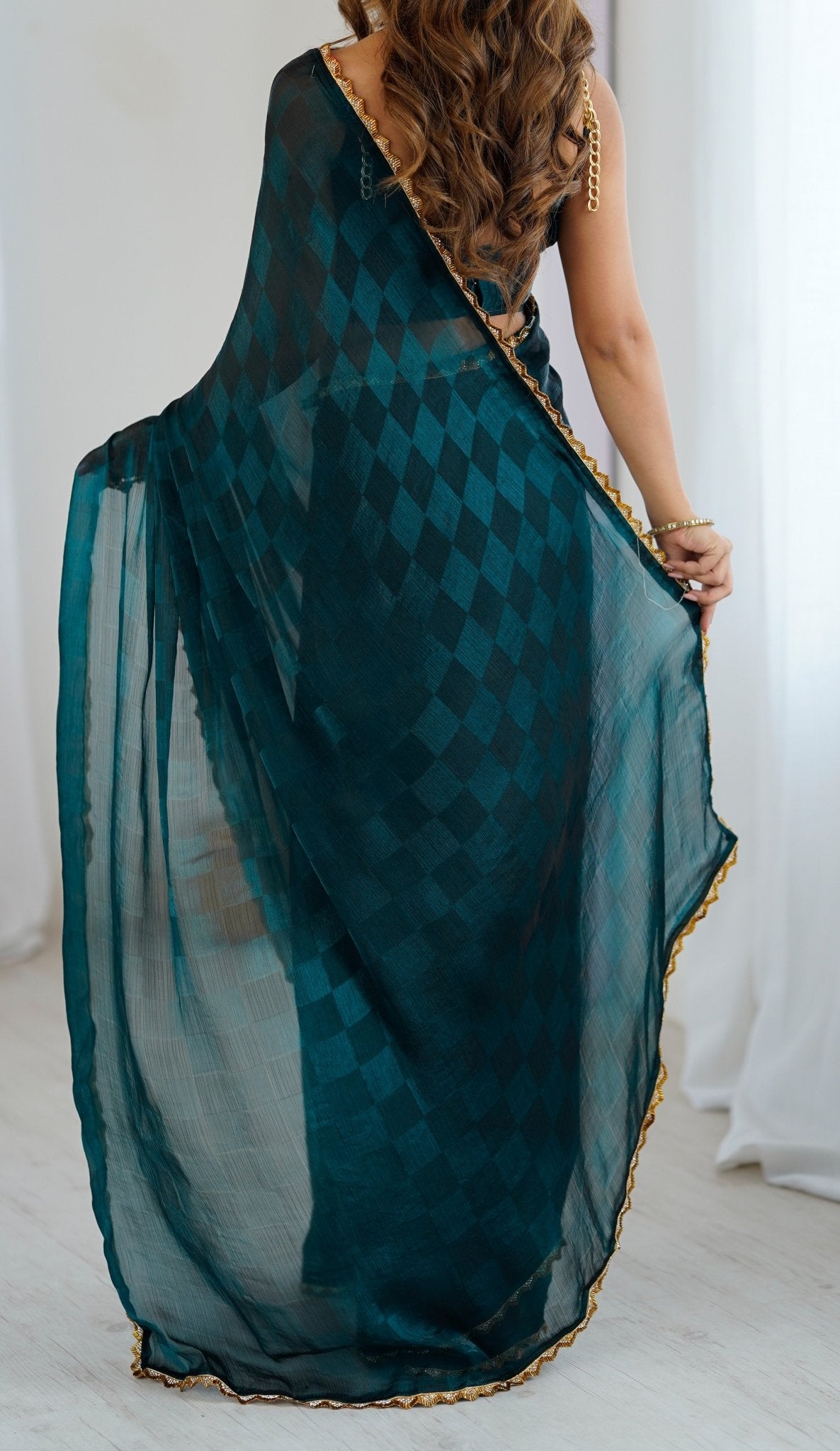 Teal Organza Saree with Gold Lace Border - Ressa
