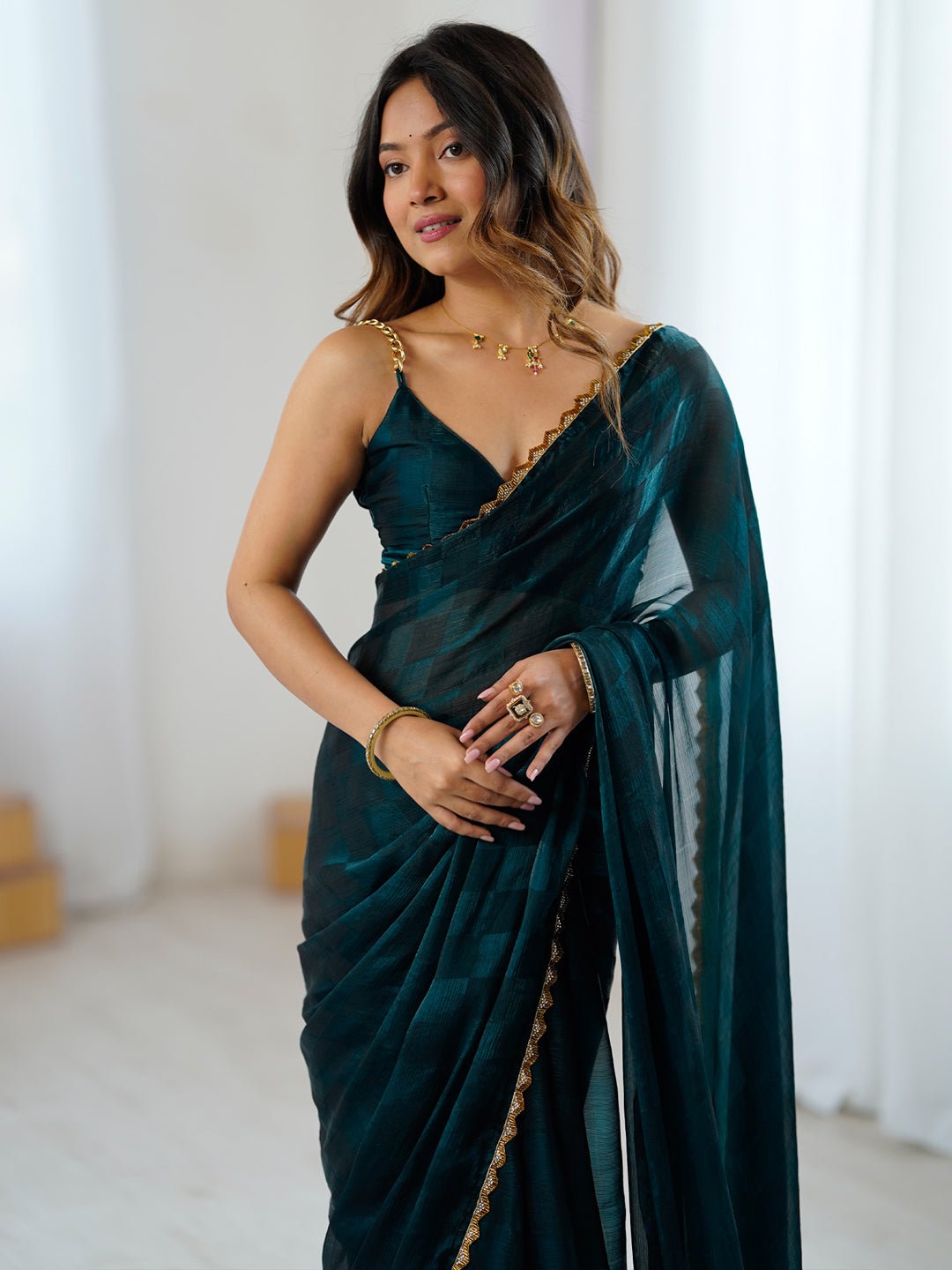 Teal Organza Saree with Gold Lace Border - Ressa