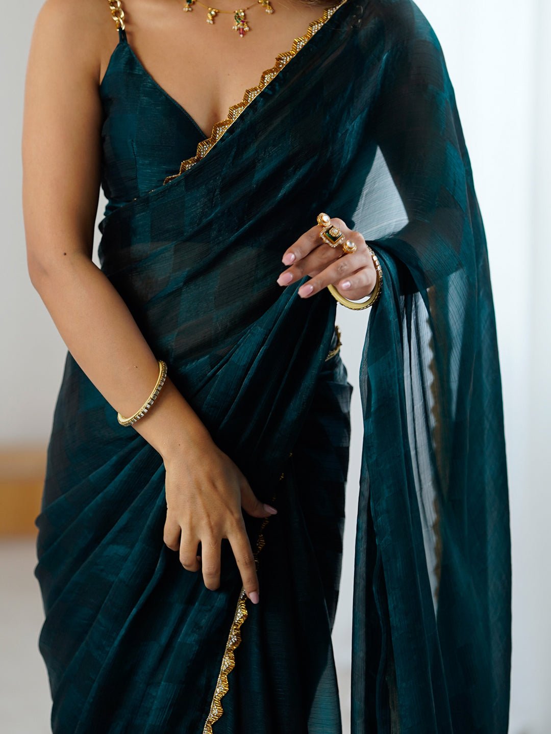 Teal Organza Saree with Gold Lace Border - Ressa