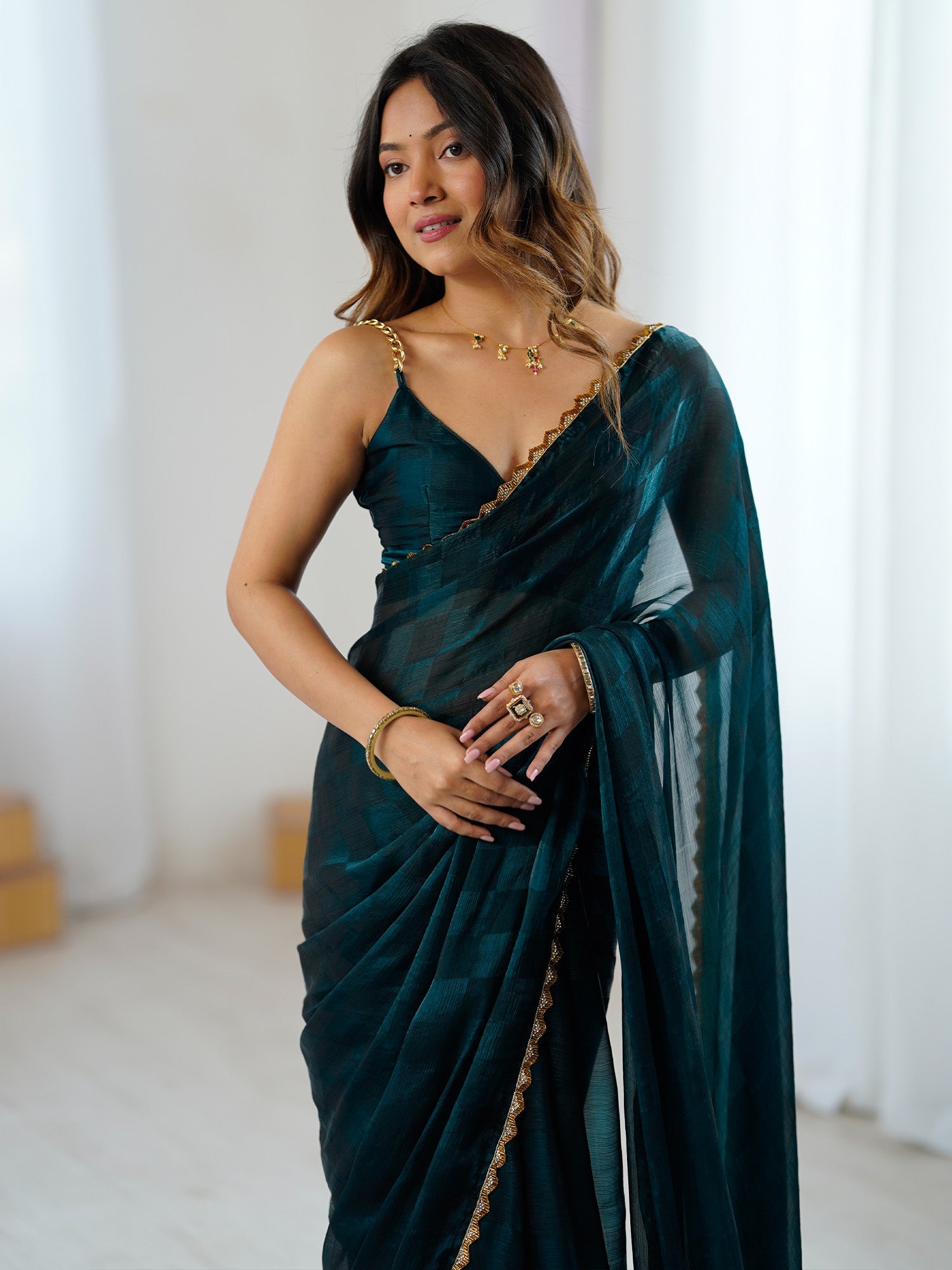 Teal Organza Saree with Gold Lace Border - Ressa