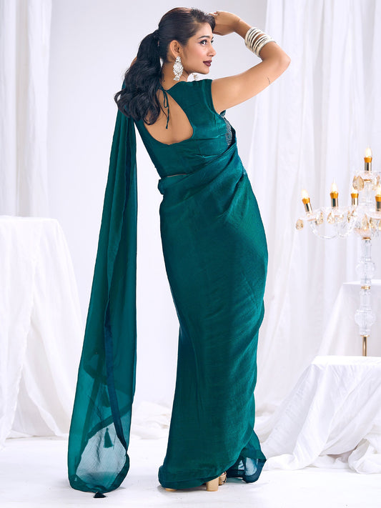 Teal Organza Saree with Sequin Embellished Blouse - Ressa
