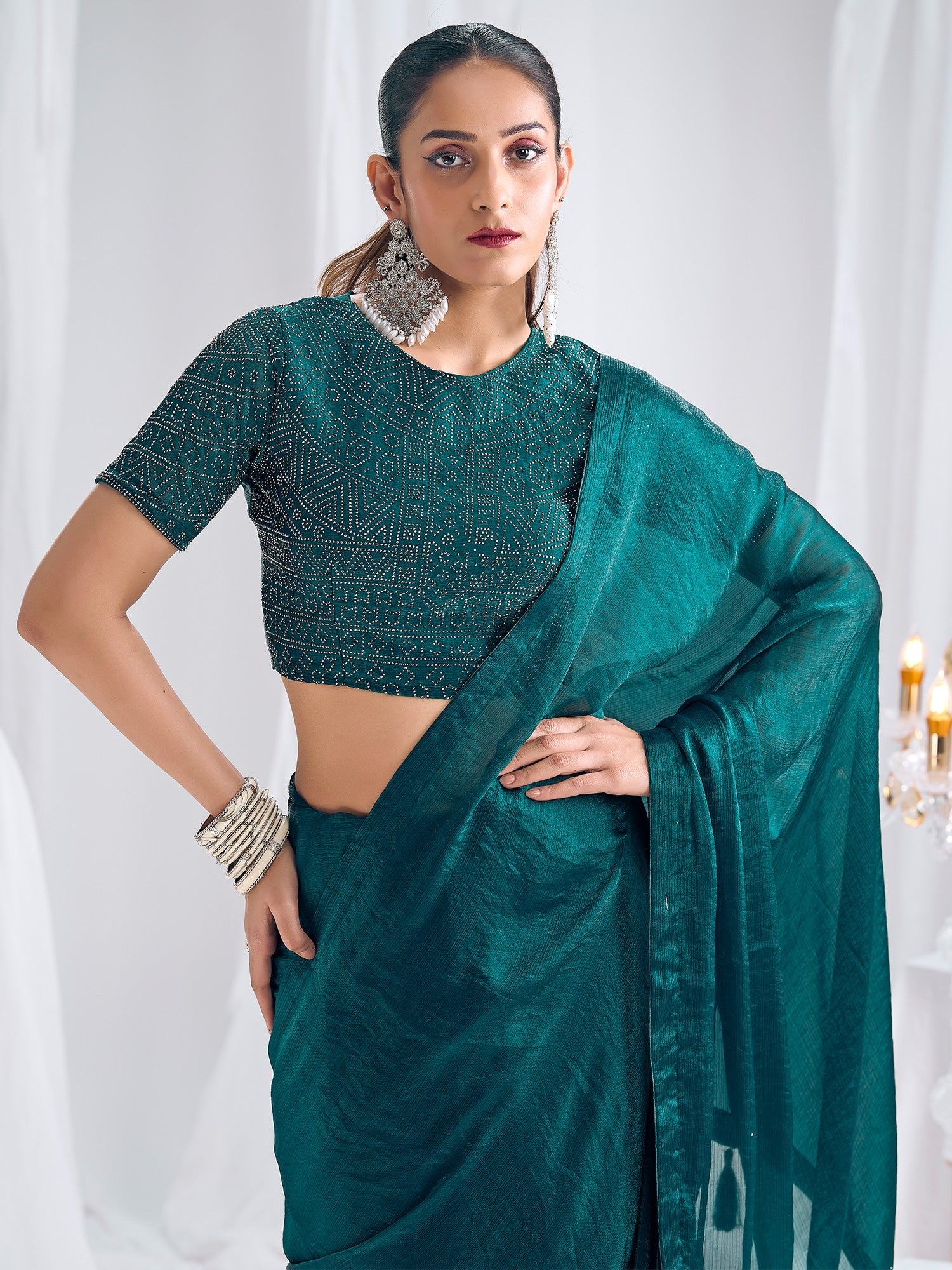 Teal Organza Saree with Sequin Embellished Blouse - Ressa