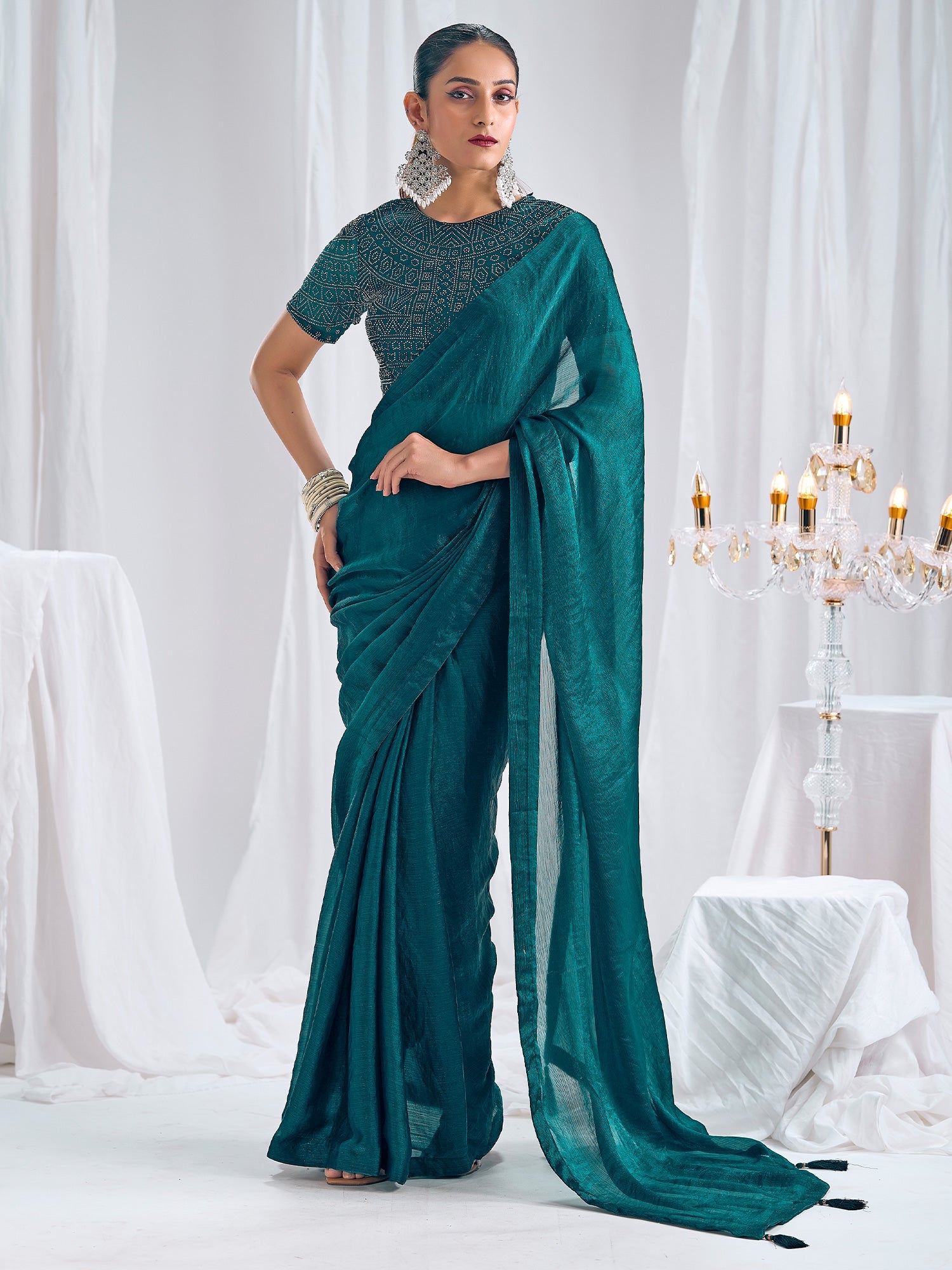 Teal Organza Saree with Sequin Embellished Blouse - Ressa