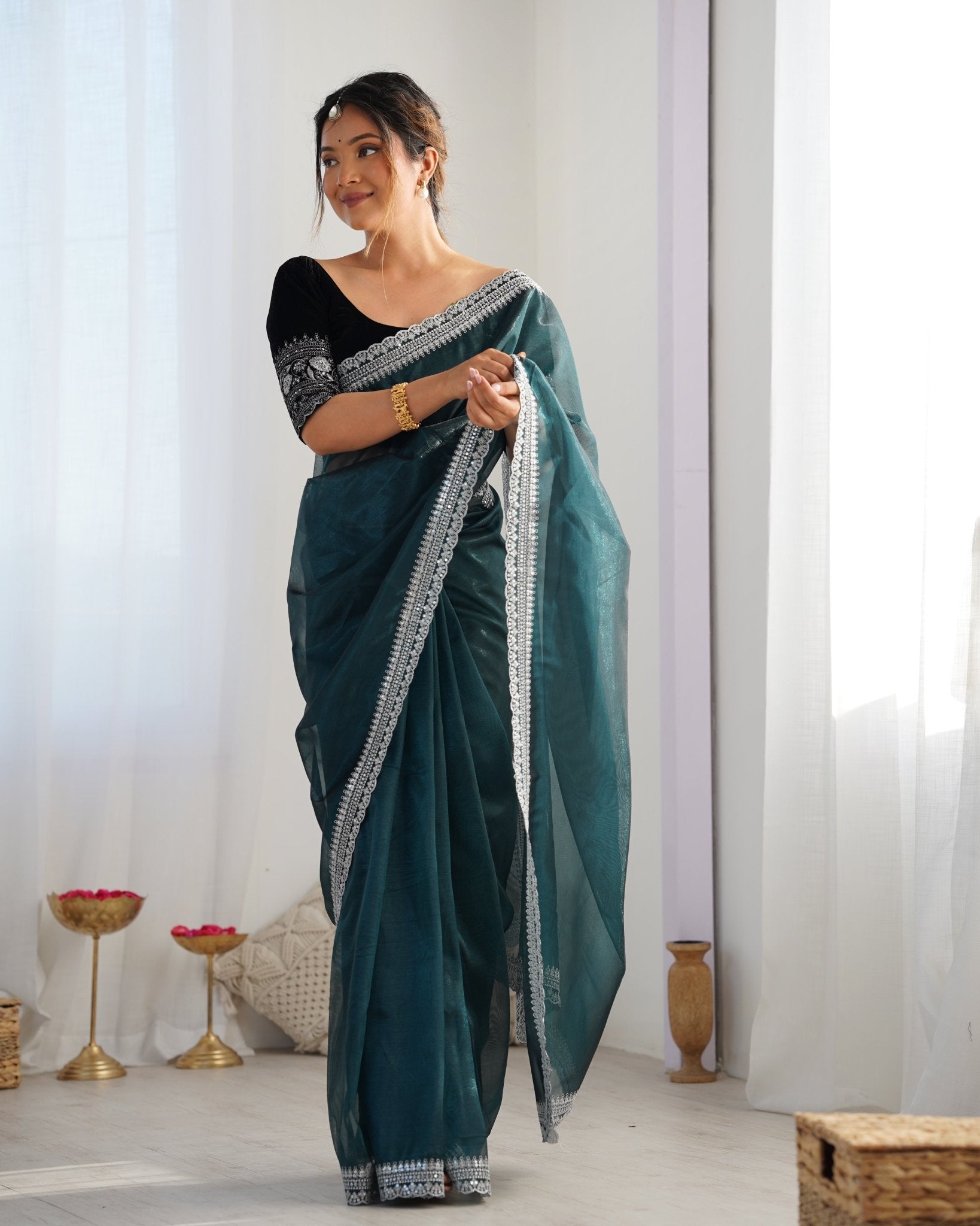 Teal Organza Saree with Silver Embroidered Border - Ressa