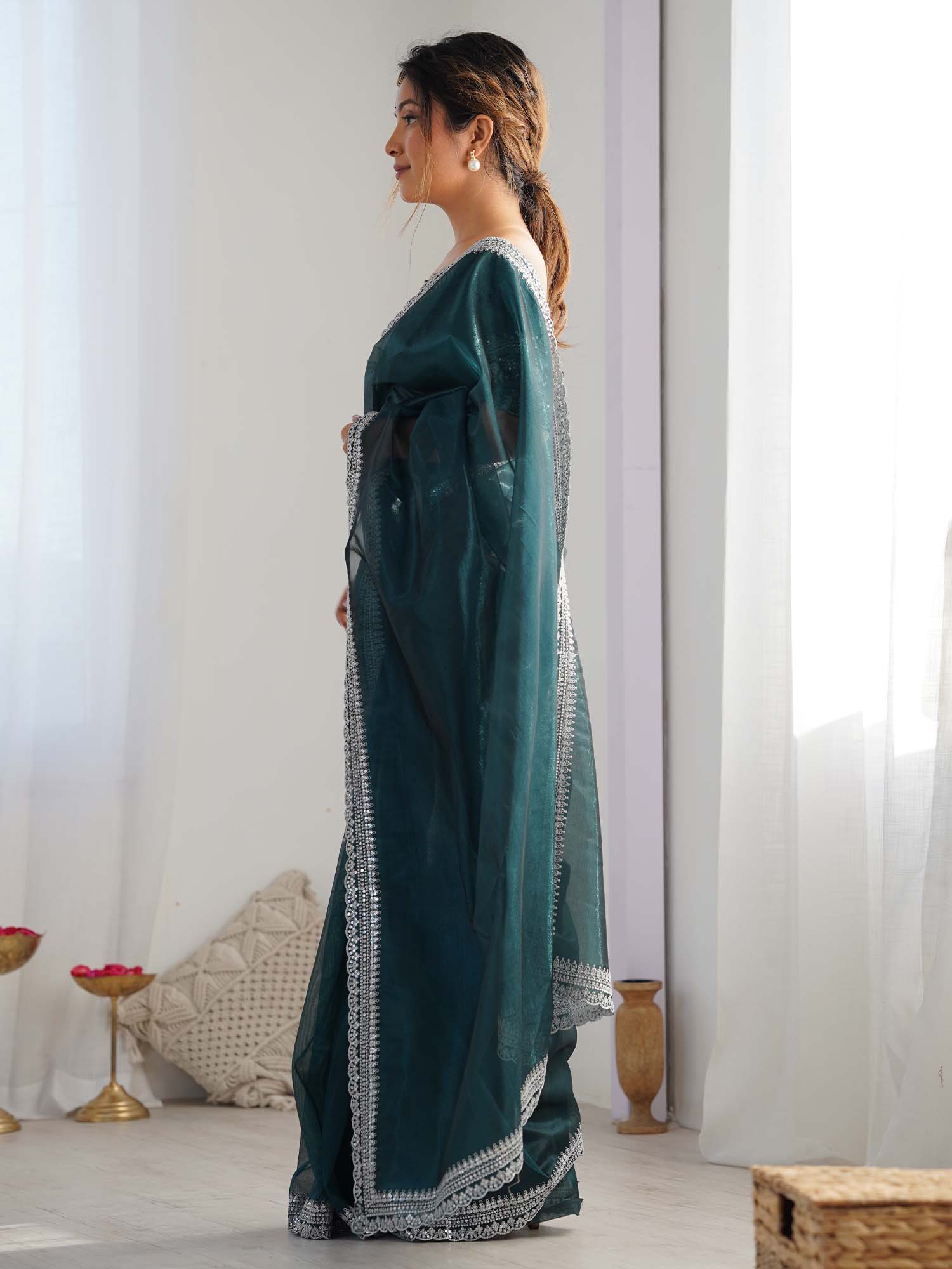 Teal Organza Saree with Silver Embroidered Border - Ressa