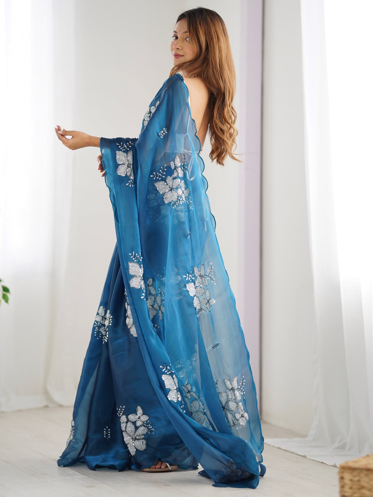 Teal Organza Saree with Silver Floral Embroidery - Ressa