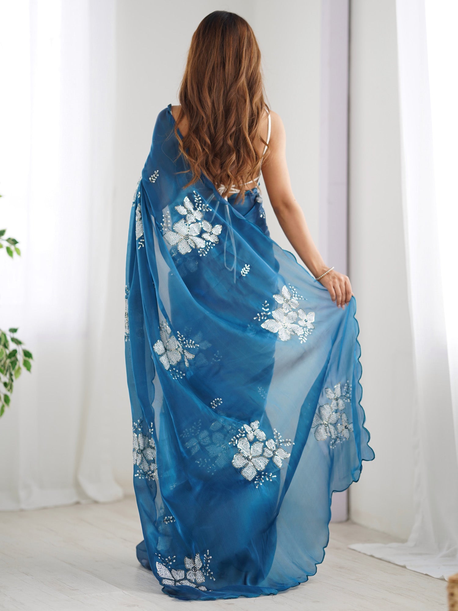 Teal Organza Saree with Silver Floral Embroidery - Ressa
