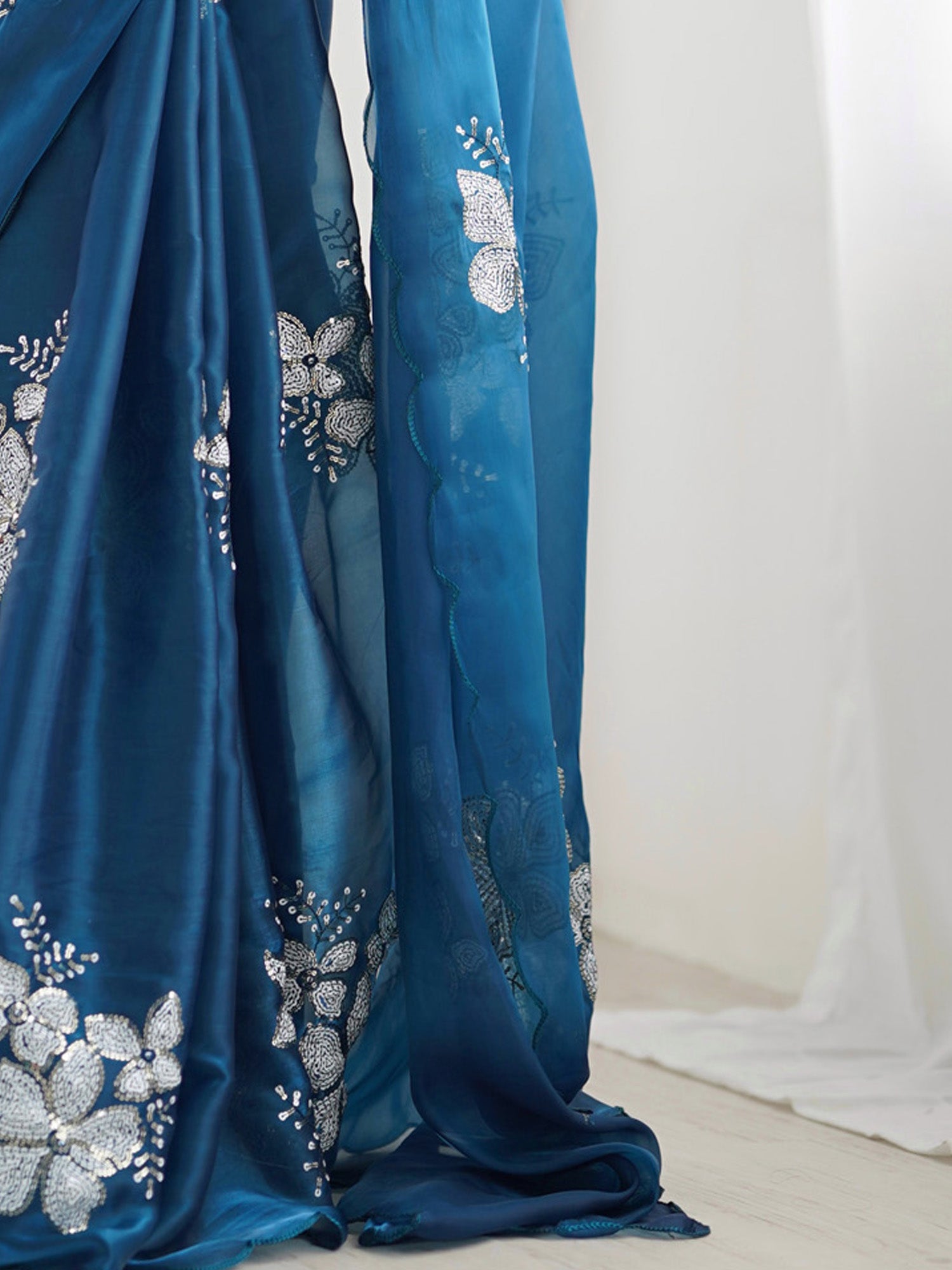Teal Organza Saree with Silver Floral Embroidery - Ressa