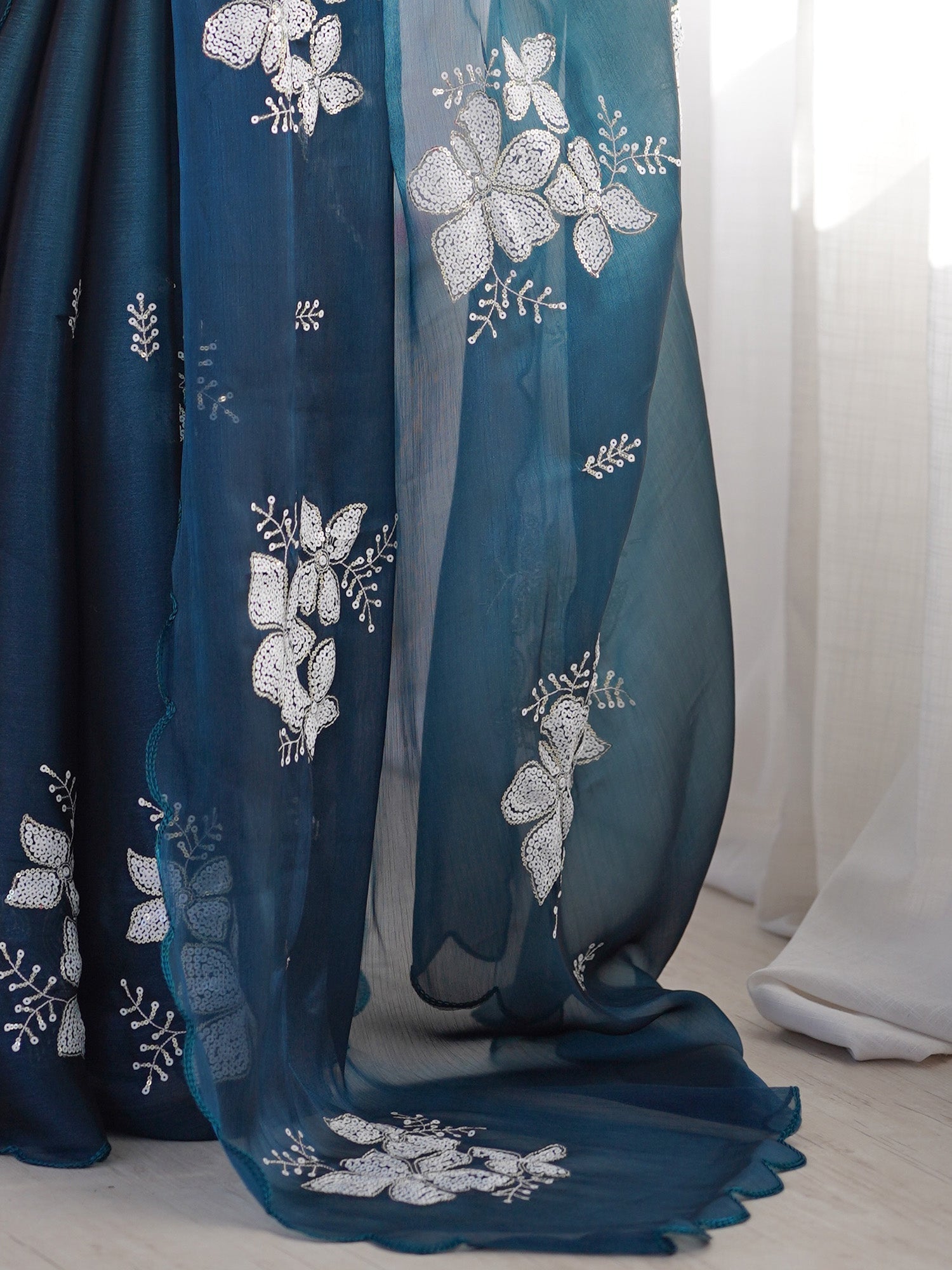 Teal Organza Sequin Floral Embroidered Saree with Scalloped Border - Ressa