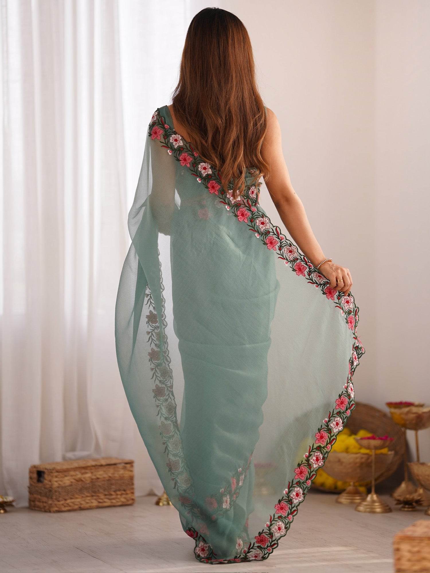 Teal Paper Silk Saree with Floral Embroidery Border - Ressa