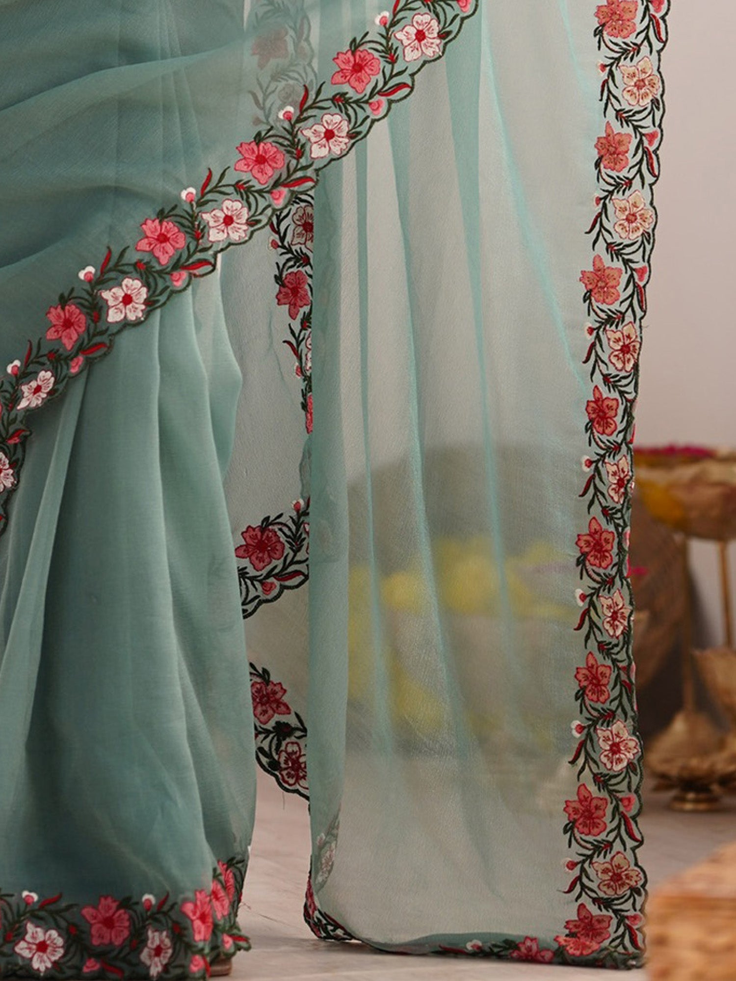 Teal Paper Silk Saree with Floral Embroidery Border - Ressa