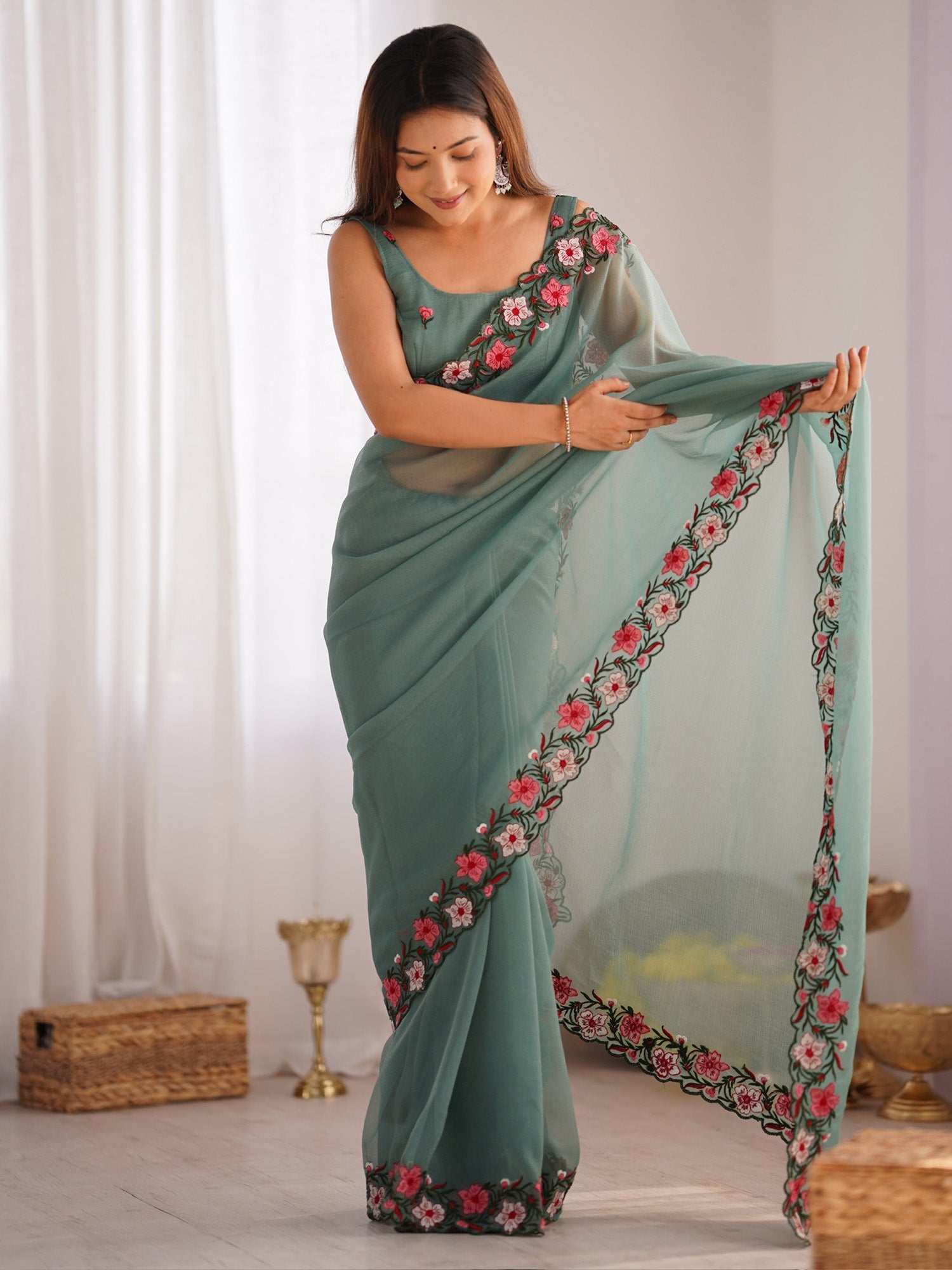 Teal Paper Silk Saree with Floral Embroidery Border - Ressa