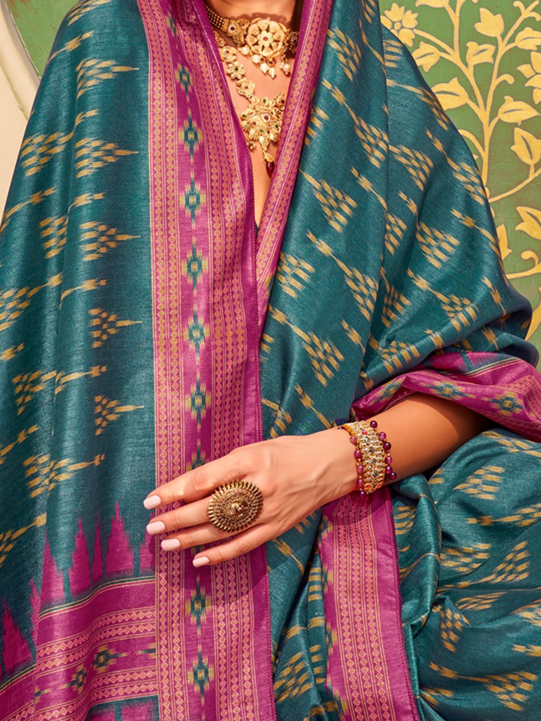 Teal Patola Silk Blend Woven Motifs Pink Border Blouse Saree - Ressa