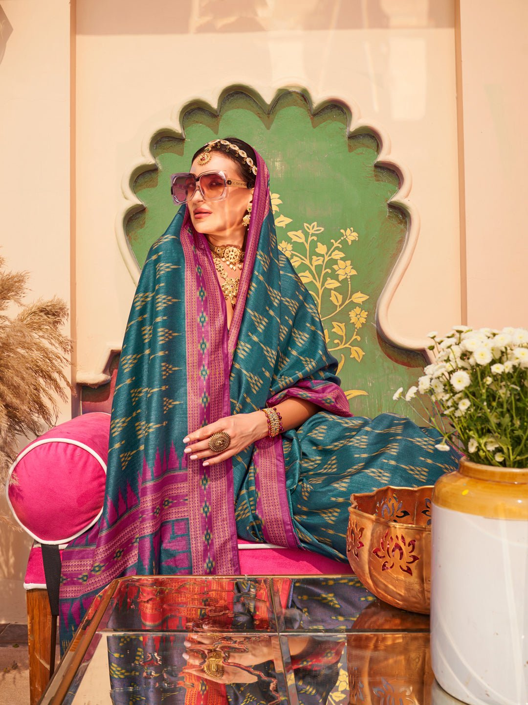 Teal Patola Silk Blend Woven Motifs Pink Border Blouse Saree - Ressa