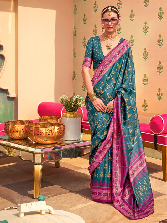 Teal Patola Silk Blend Woven Motifs Pink Border Blouse Saree - Ressa