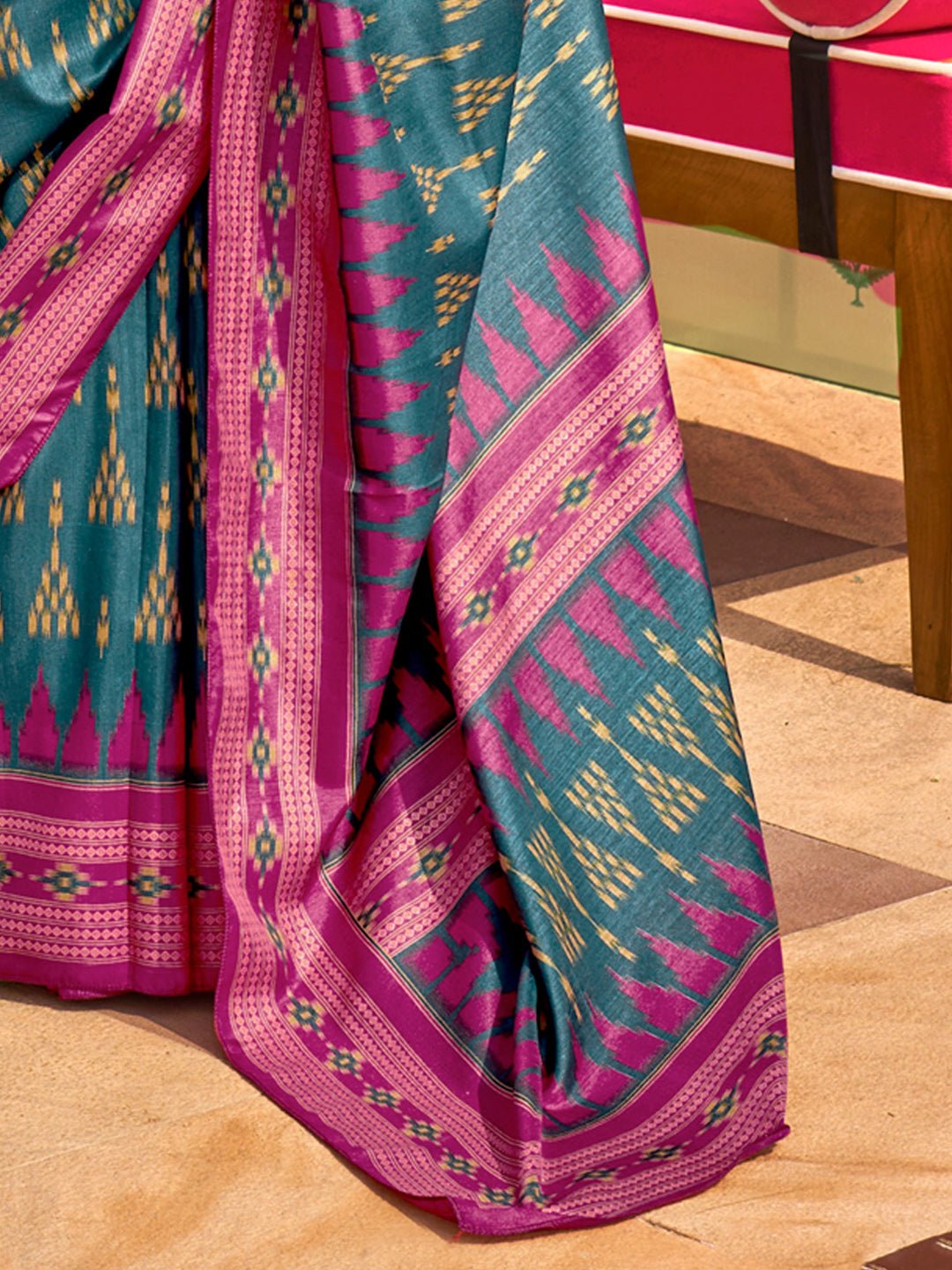 Teal Patola Silk Blend Woven Motifs Pink Border Blouse Saree - Ressa