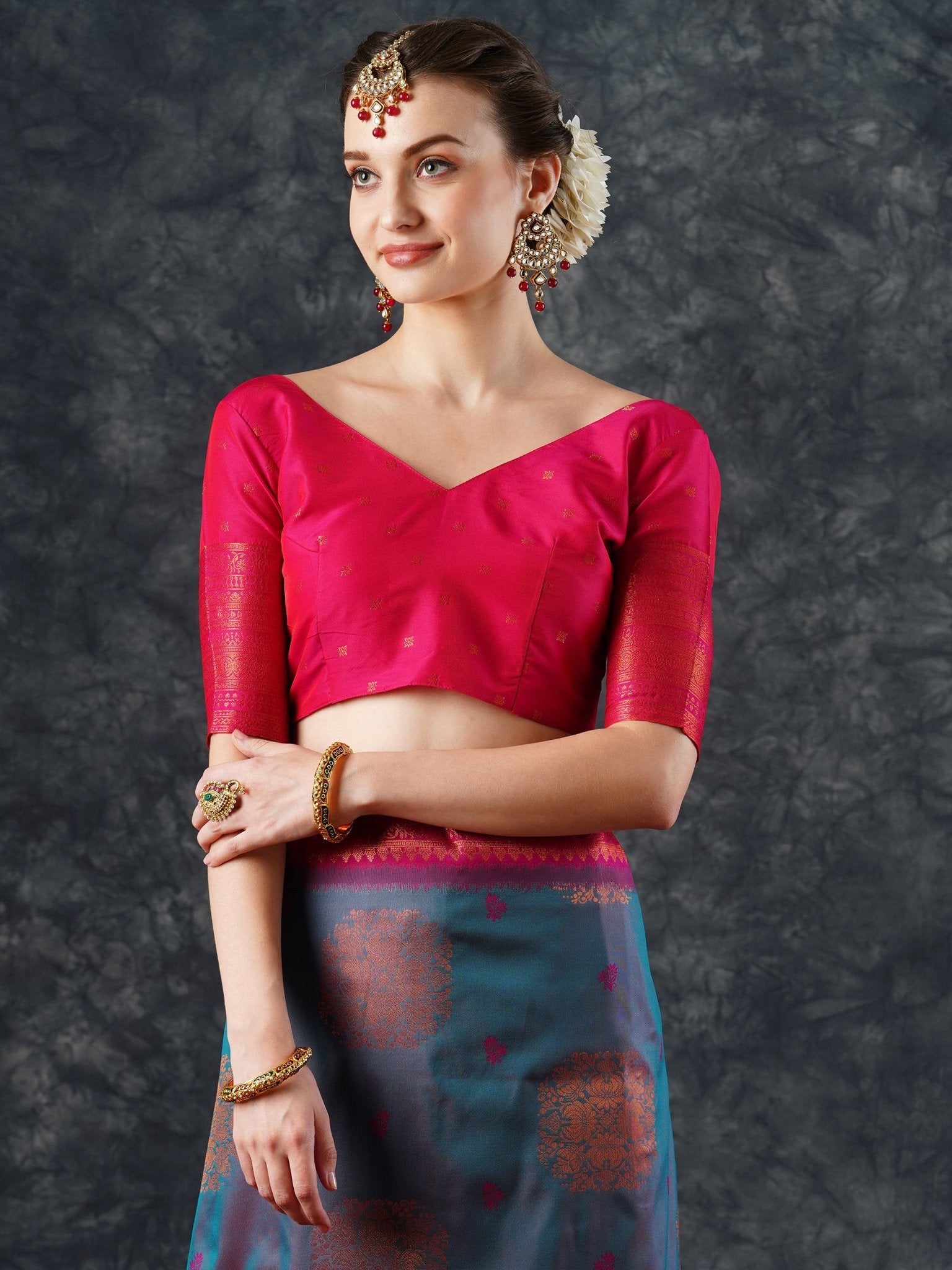 Teal & Pink Banarasi Silk Saree with Zari Border | - Ressa