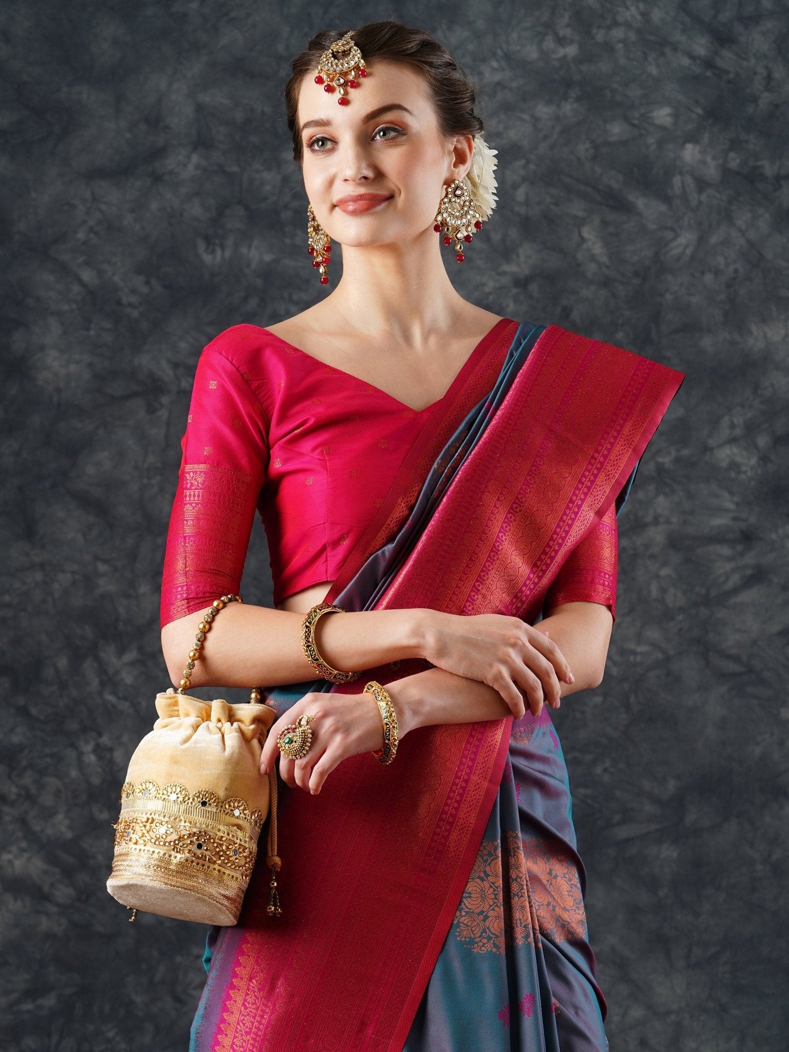 Teal & Pink Banarasi Silk Saree with Zari Border | - Ressa