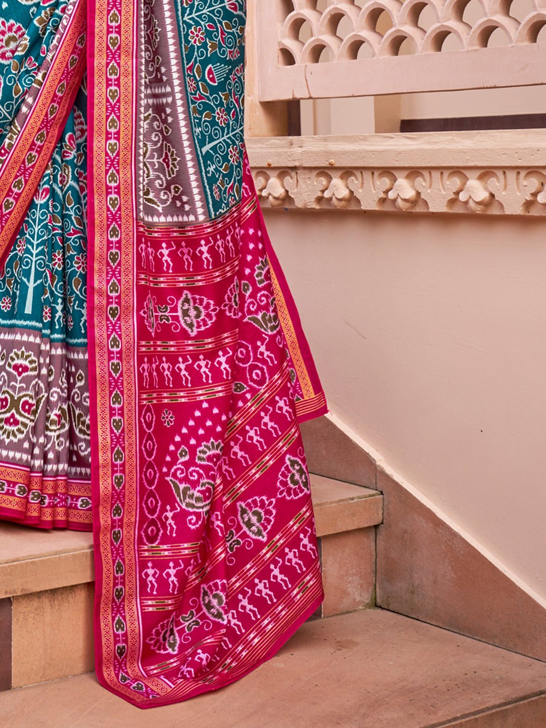 Teal & Pink ikkat Silk Blend Saree - Ressa