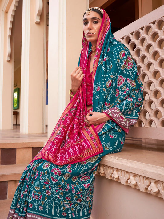Teal & Pink ikkat Silk Blend Saree - Ressa