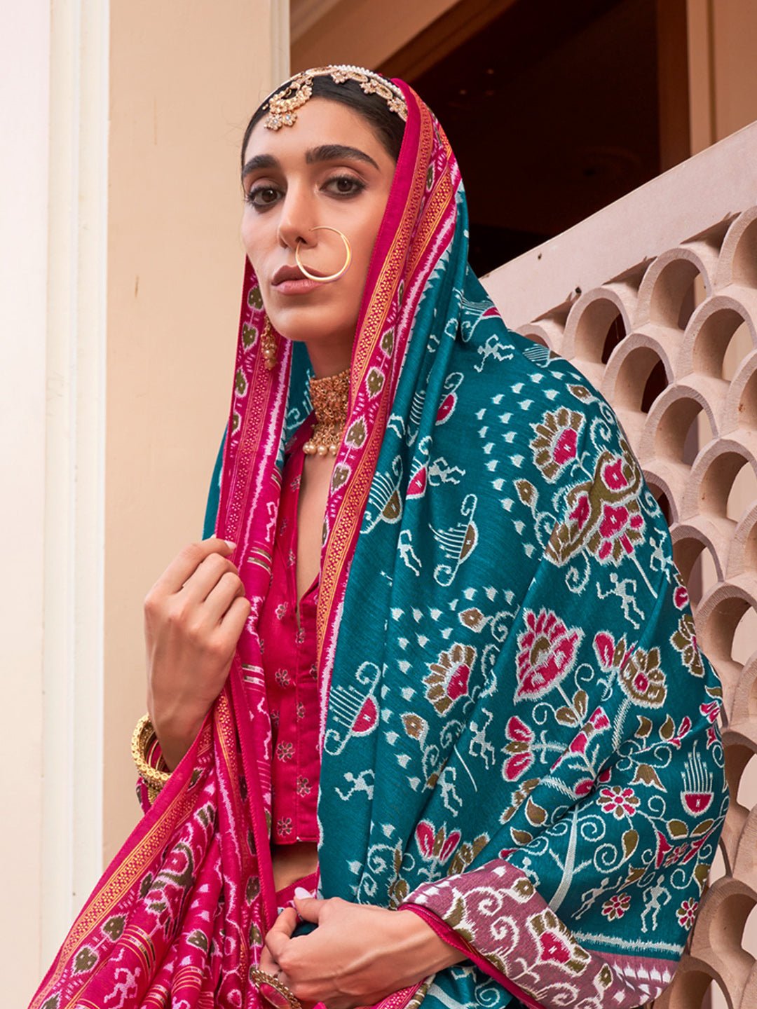 Teal & Pink ikkat Silk Blend Saree - Ressa