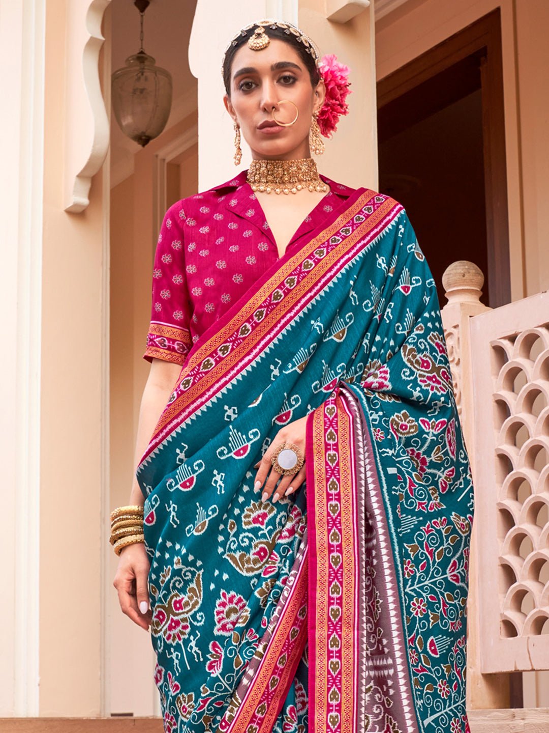Teal & Pink ikkat Silk Blend Saree - Ressa