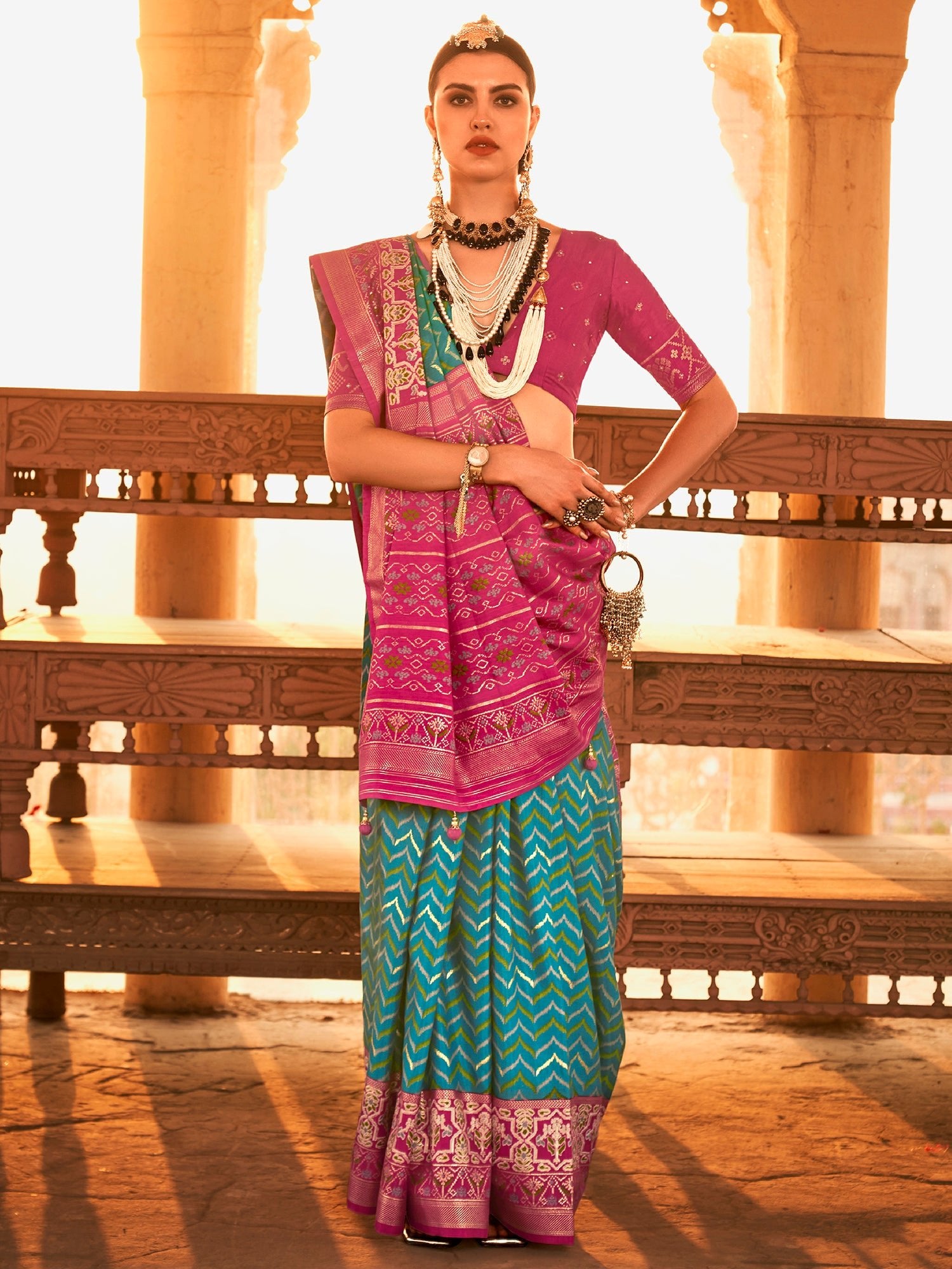 Teal &Pink Patola Silk Saree - Ressa
