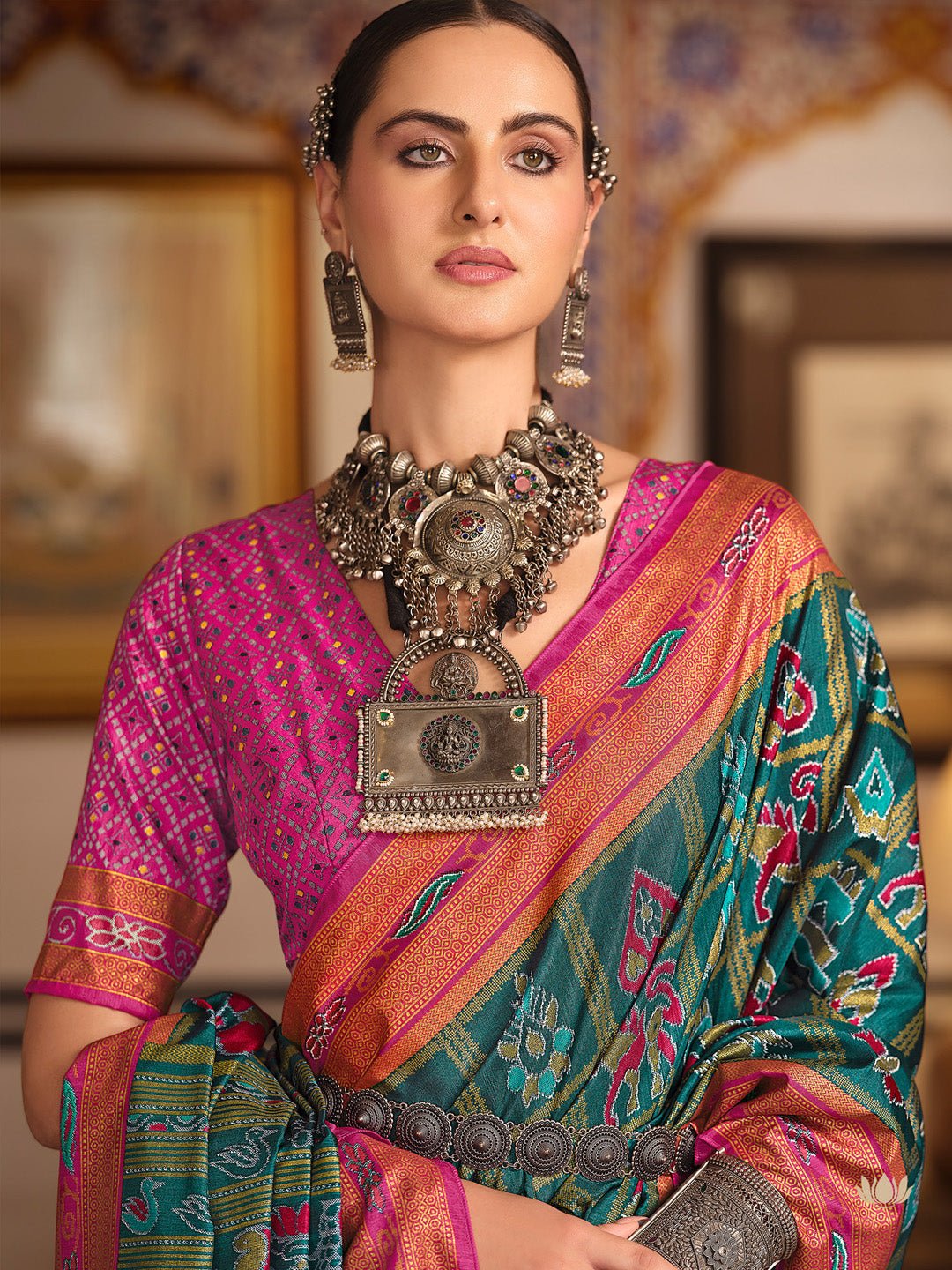 Teal & Pink Patola Silk Saree with Bandhani Blouse - Ressa