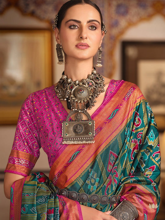 Teal & Pink Patola Silk Saree with Bandhani Blouse - Ressa
