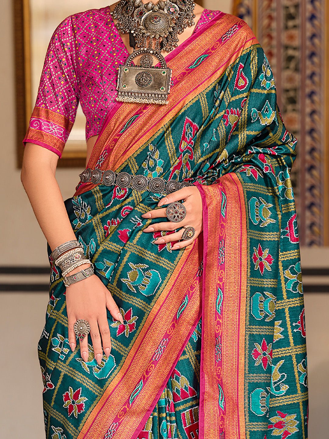 Teal & Pink Patola Silk Saree with Bandhani Blouse - Ressa