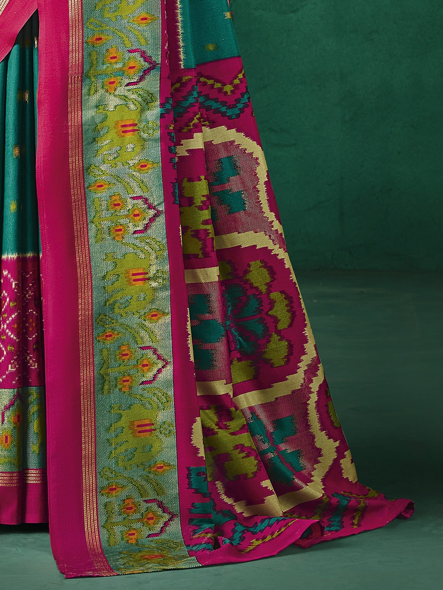 Teal & Pink Patola Silk Saree with Ikat Weave & Zari Border - Ressa