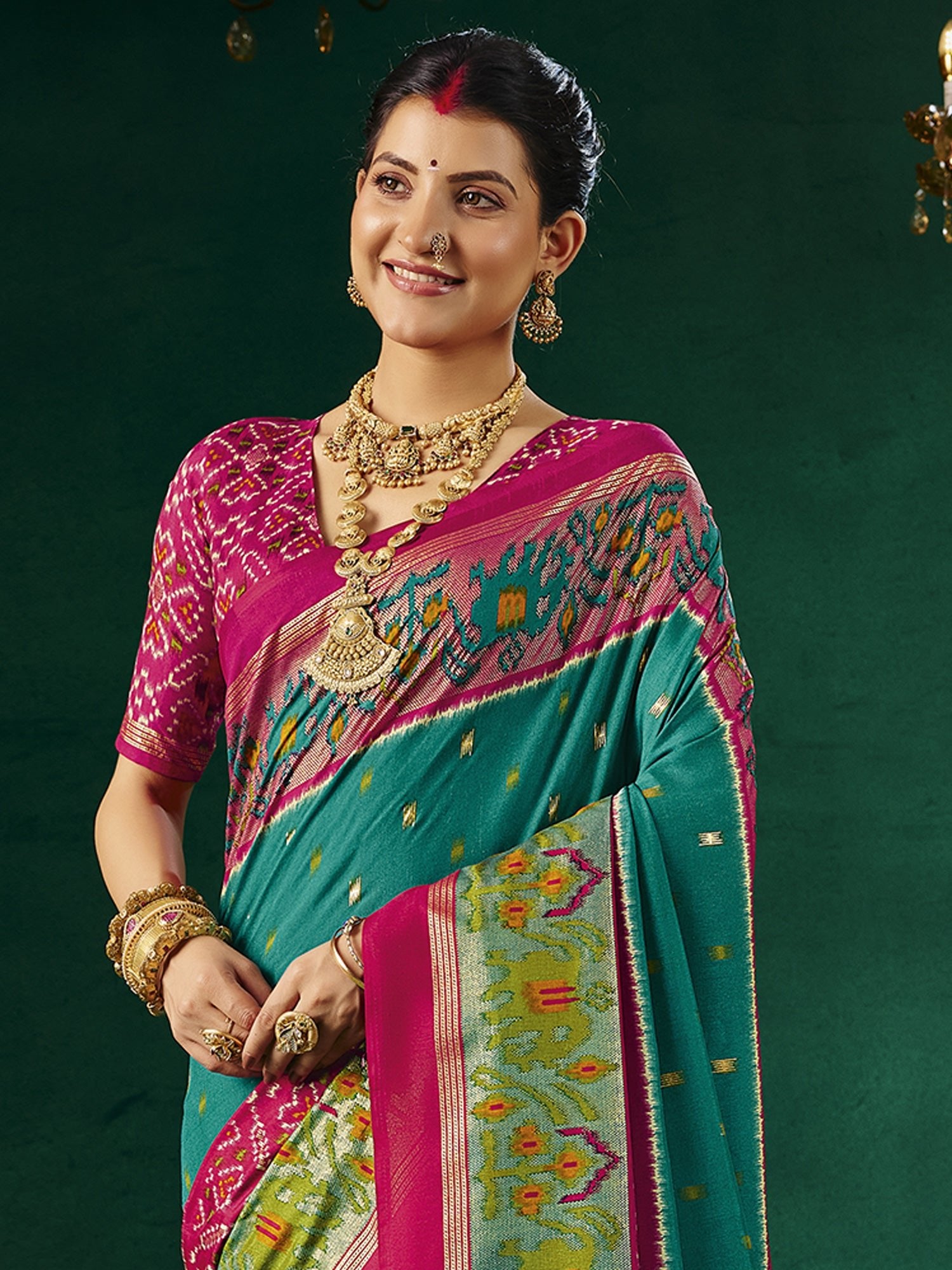 Teal & Pink Patola Silk Saree with Ikat Weave & Zari Border - Ressa