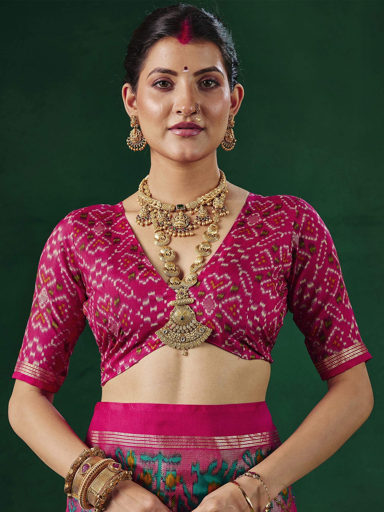 Teal & Pink Patola Silk Saree with Ikat Weave & Zari Border - Ressa