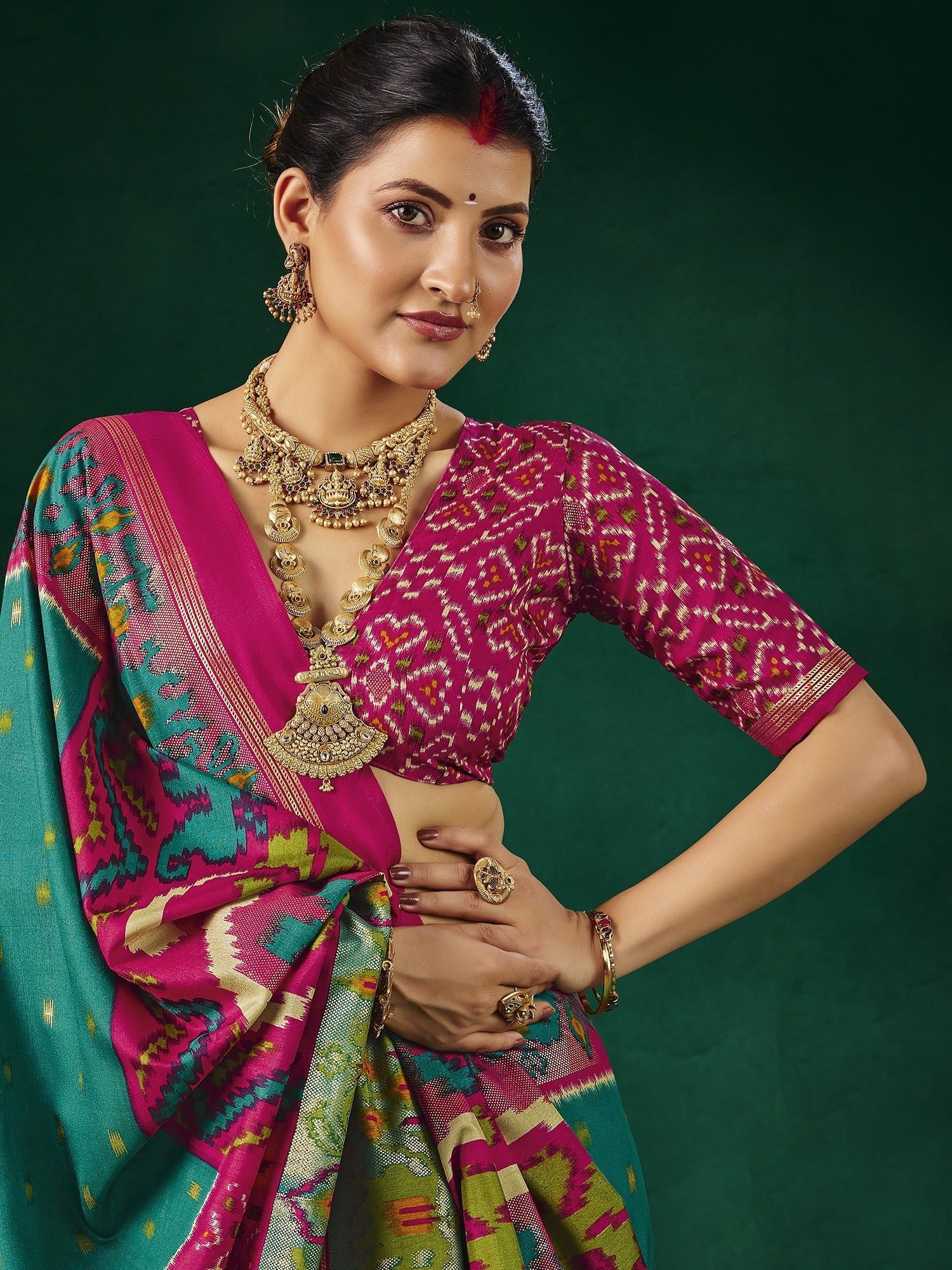 Teal & Pink Patola Silk Saree with Ikat Weave & Zari Border - Ressa