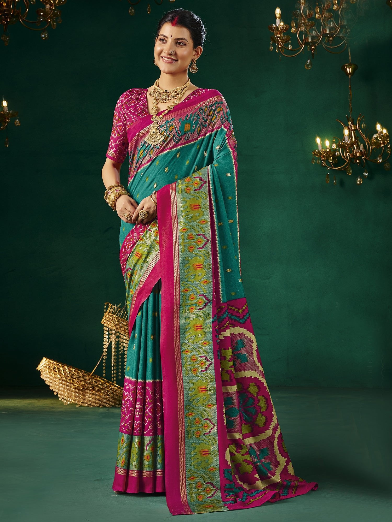 Teal & Pink Patola Silk Saree with Ikat Weave & Zari Border - Ressa