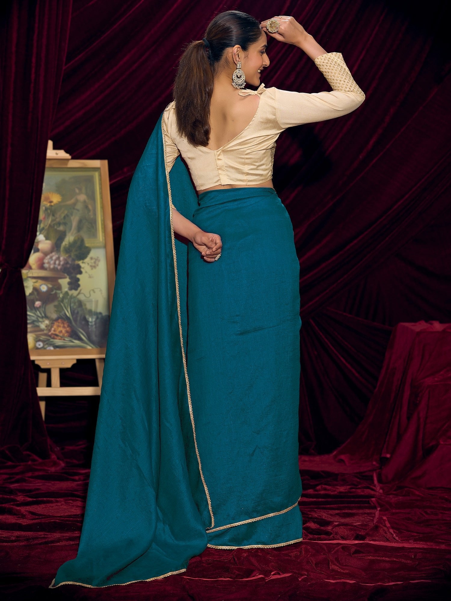 Teal Plain Saree with Gold Lace Border - Ressa