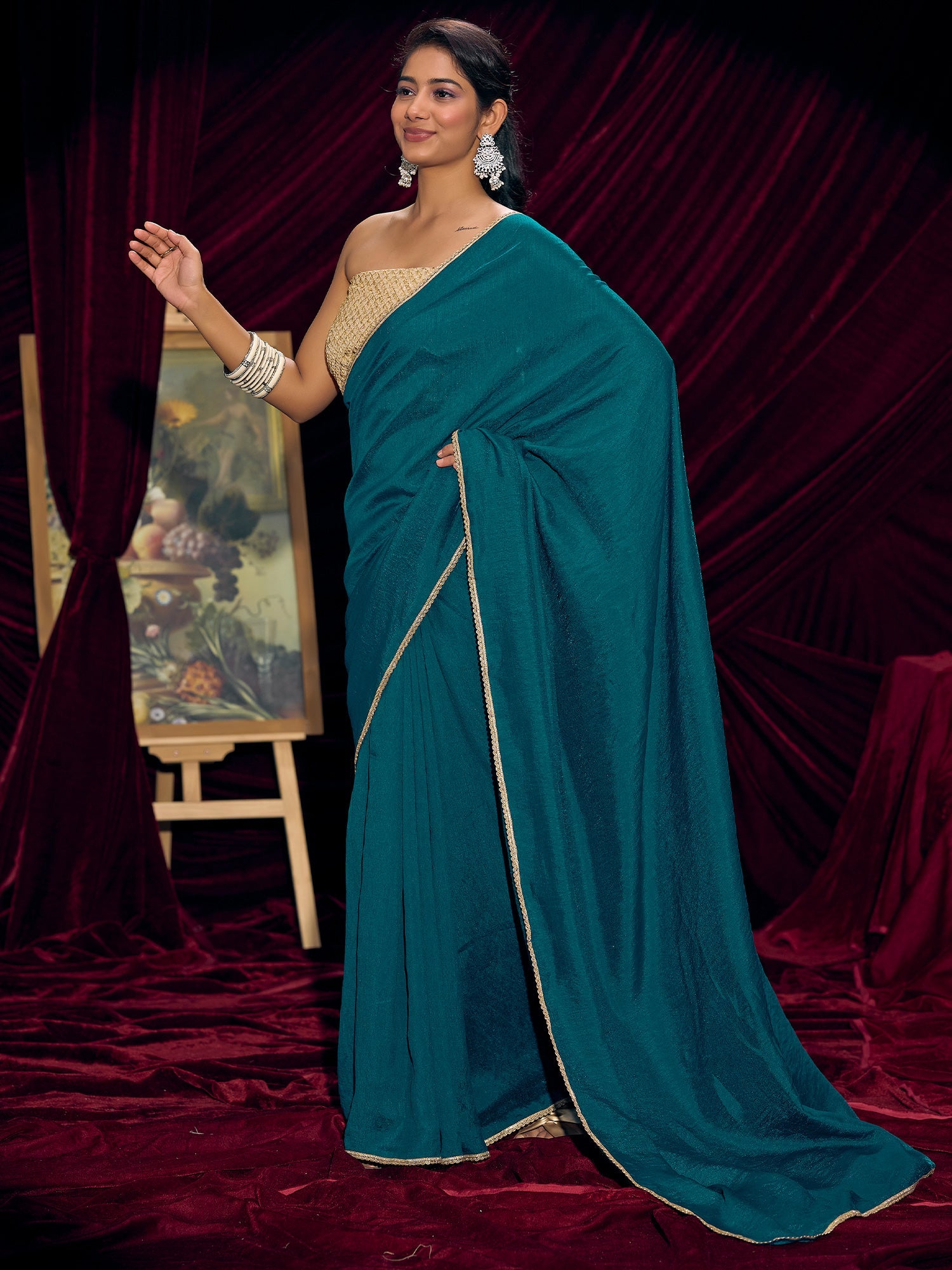 Teal Plain Saree with Gold Lace Border - Ressa
