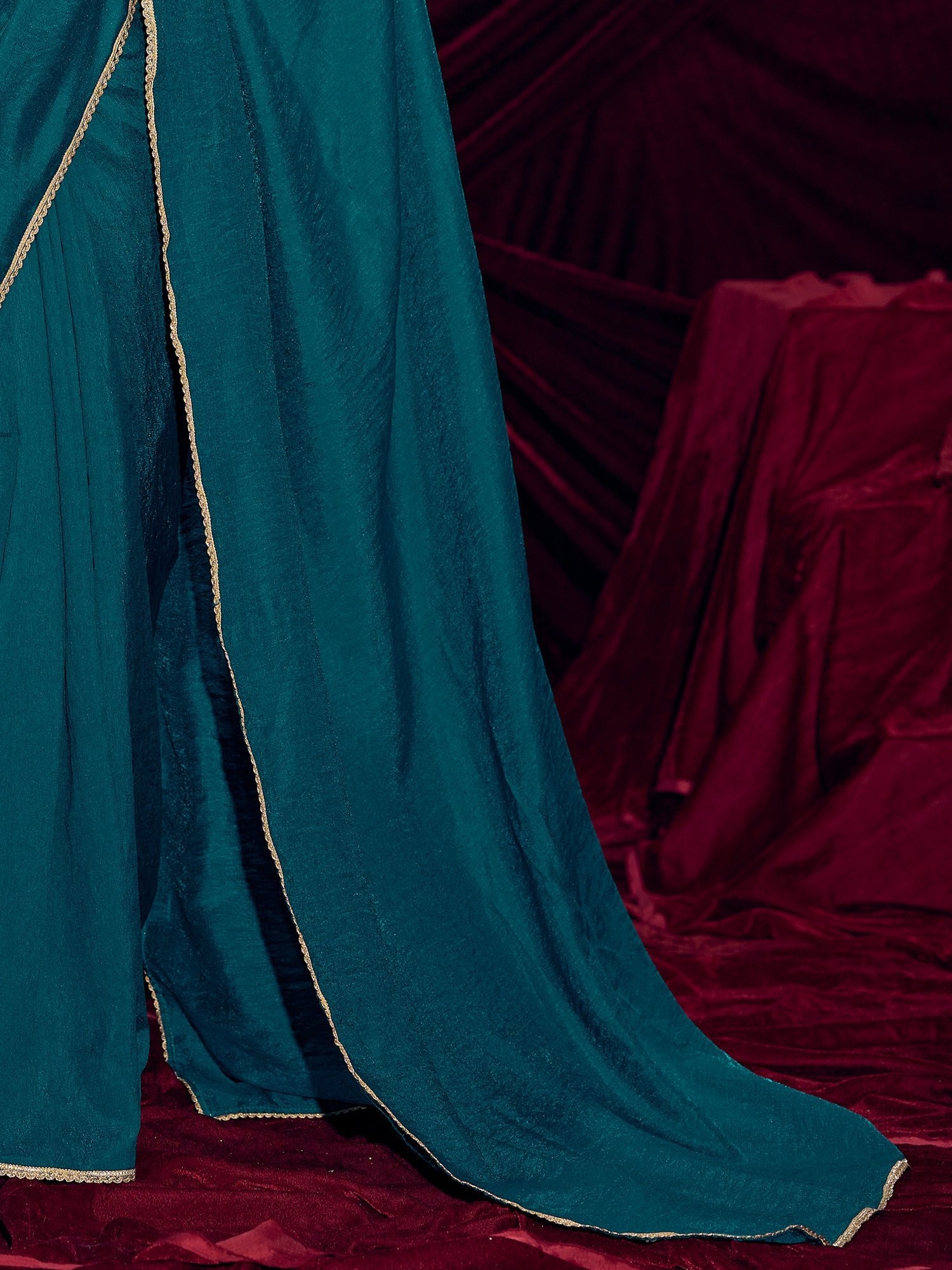 Teal Plain Saree with Gold Lace Border - Ressa