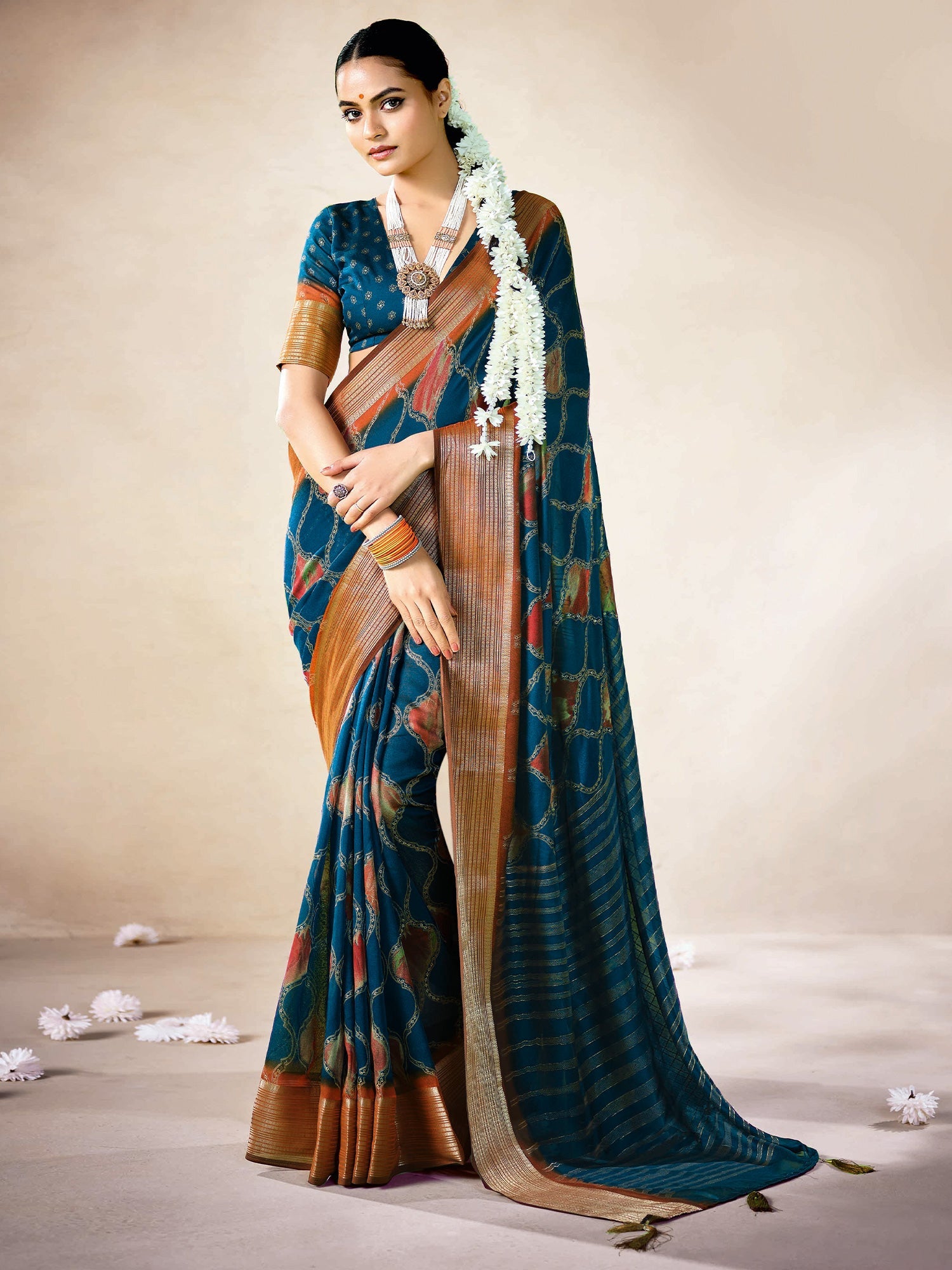 Teal Printed Georgette Saree with Zari Border & Blouse - Ressa