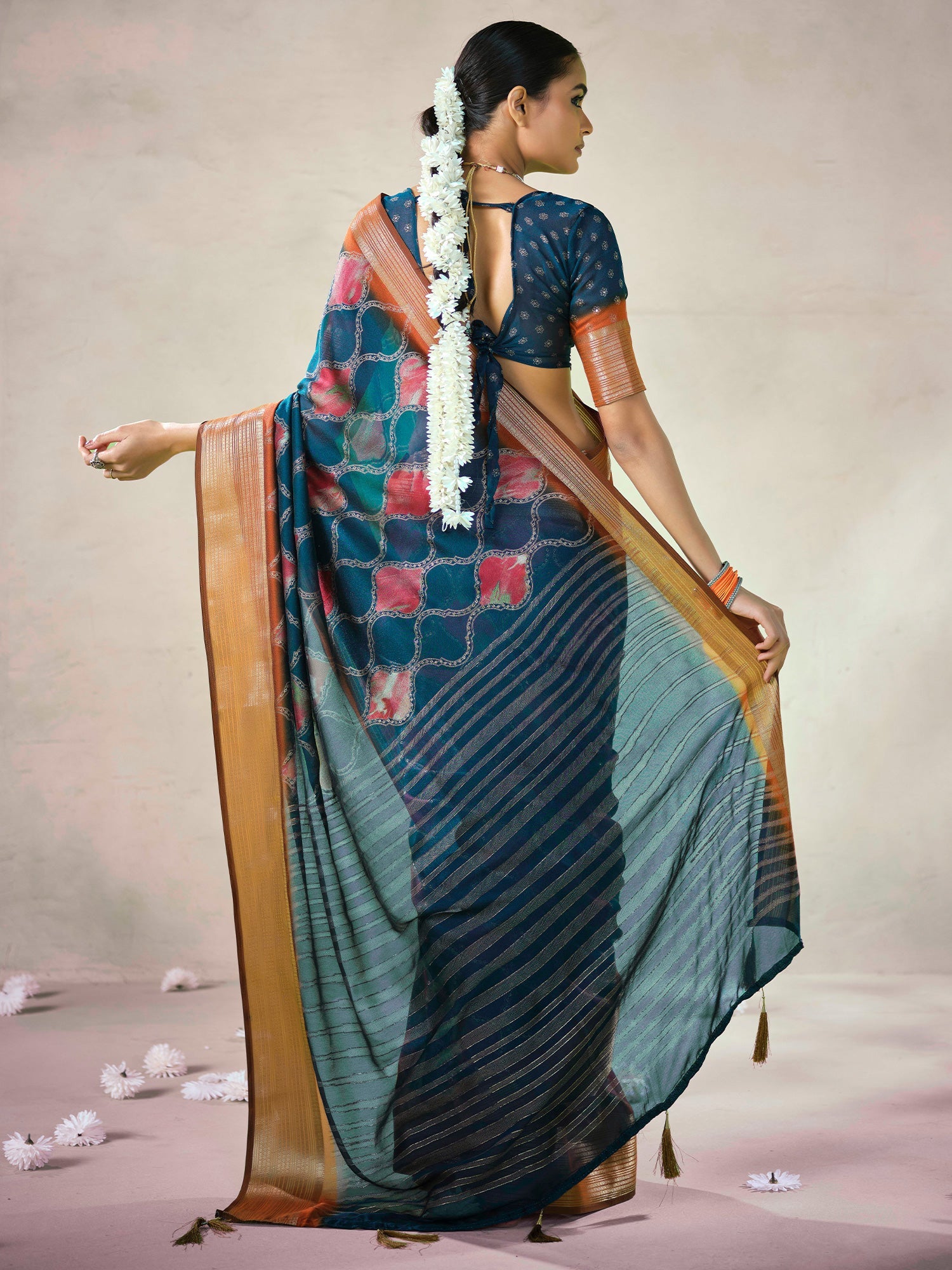 Teal Printed Georgette Saree with Zari Border & Blouse - Ressa